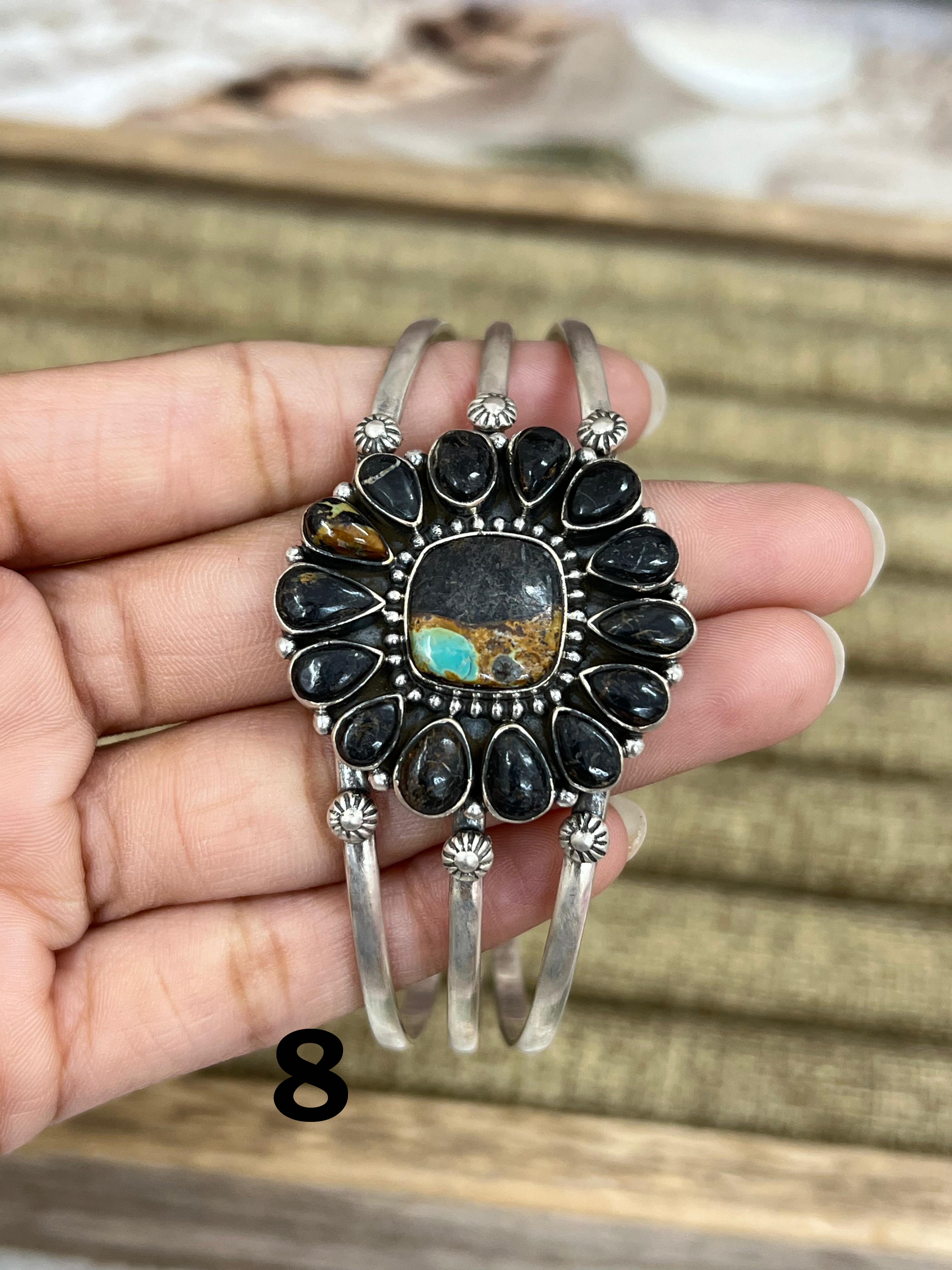 Handmade Sterling Silver Blackjack Turquoise Cuff Bracelet Signed Nizhoni