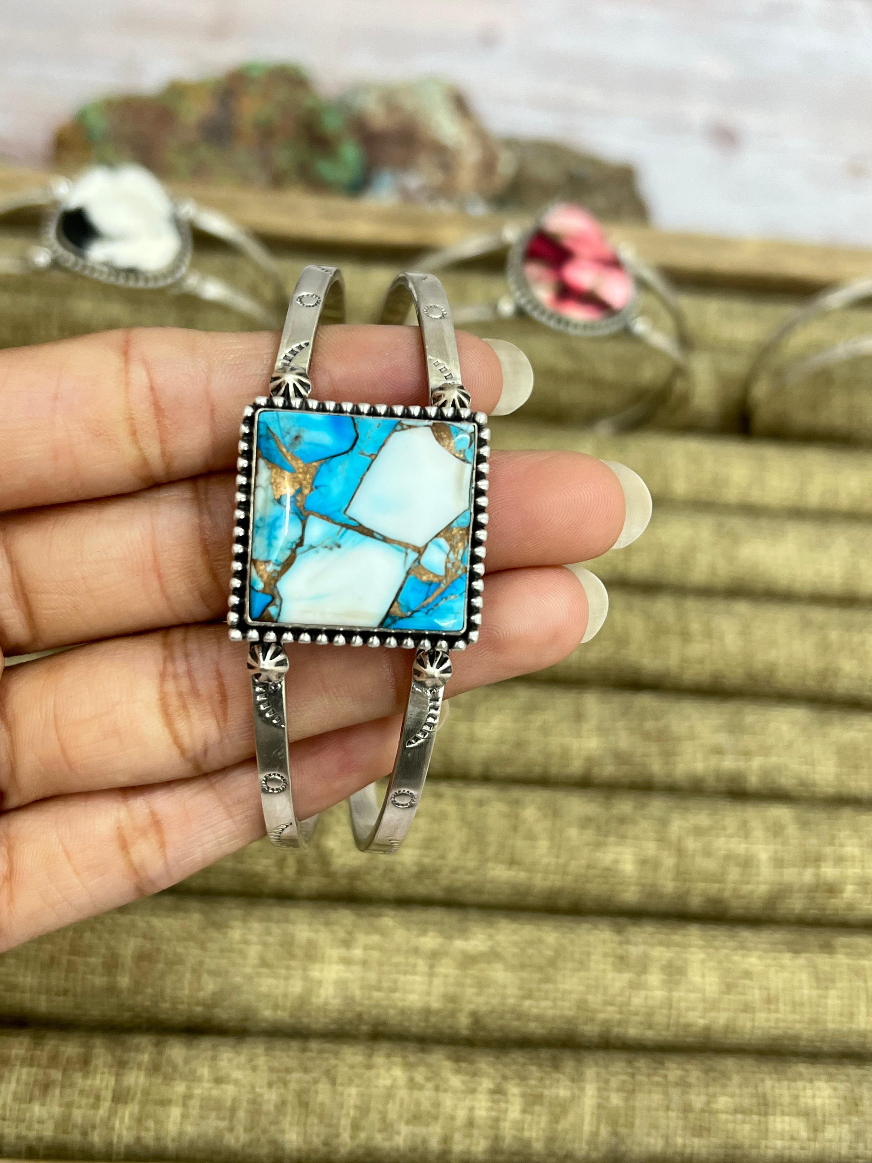 Handmade Sterling Silver Multi Stone Cuff Bracelet with Signed Nizhoni