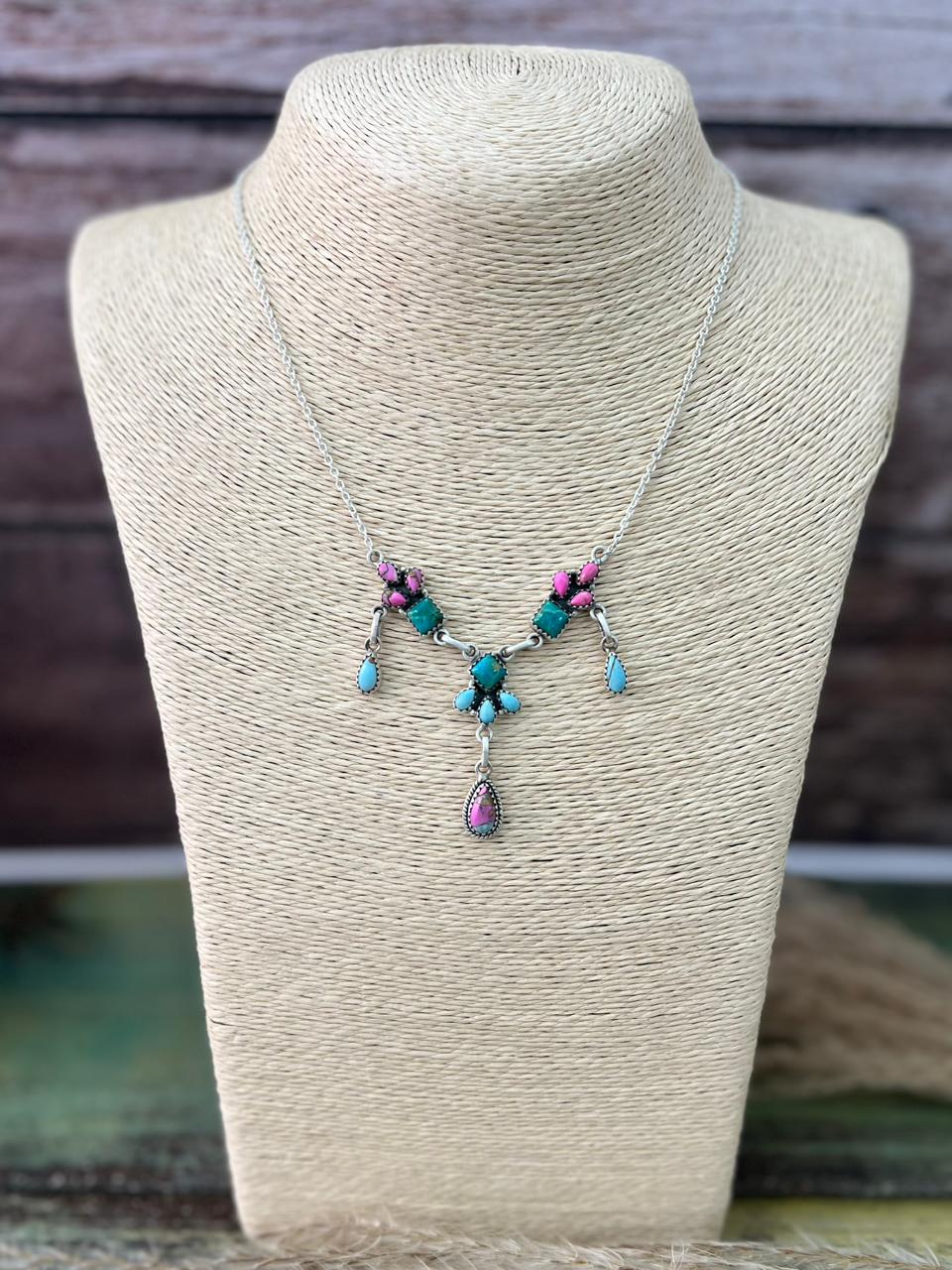 Handmade Sterling Silver Cotton Candy with Kingman Turquoise Necklace "Signed Nizhoni"