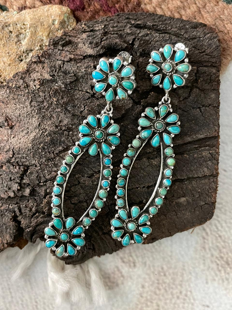 Handmade Sterling Silver Kingaman Turquoise Post Dangle Earrings "Signed Nizhoni"