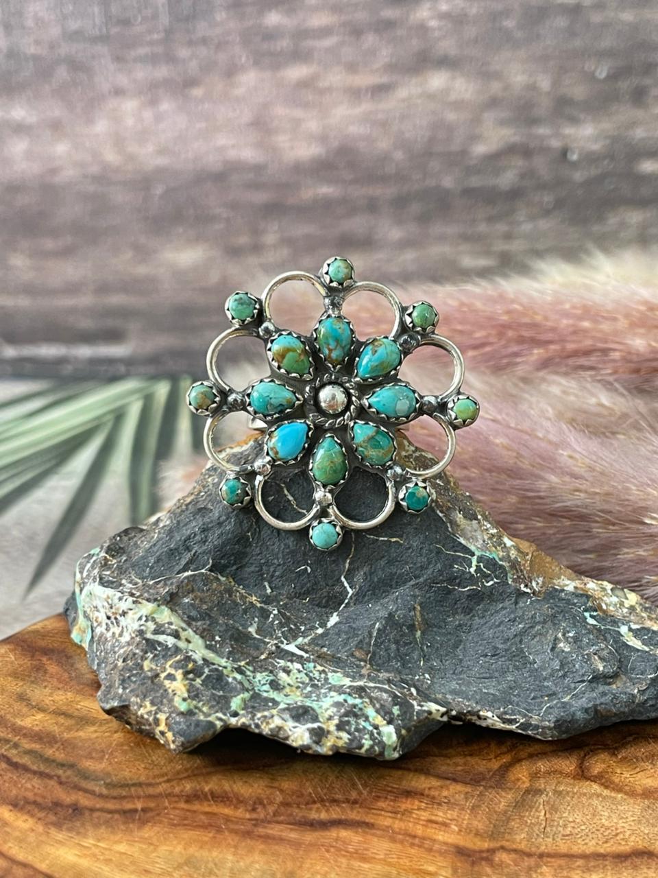 Handmade Sterling Silver Kingman Turquoise Adjustable Ring "Signed Nizhoni"