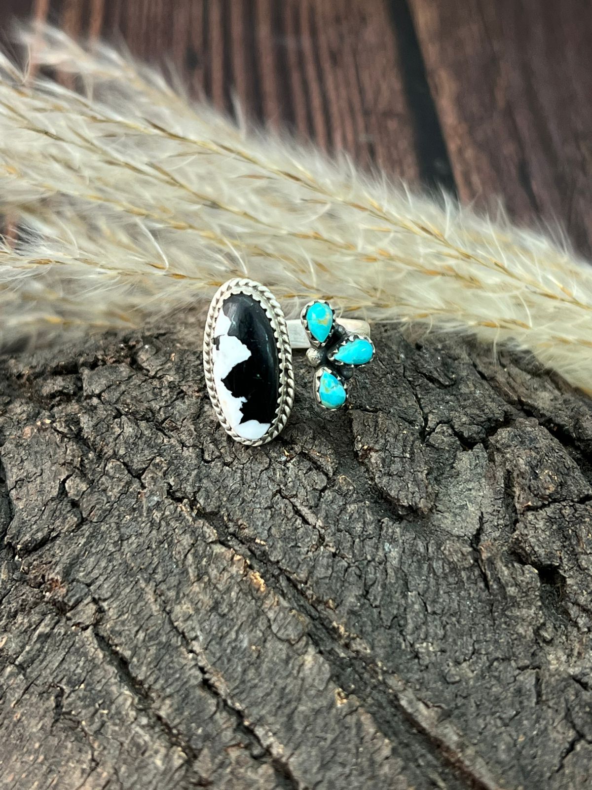 Handmade Sterling Silver Kingman Turquoise with White Buffalo Adjustable Ring "Signed Nizhoni"