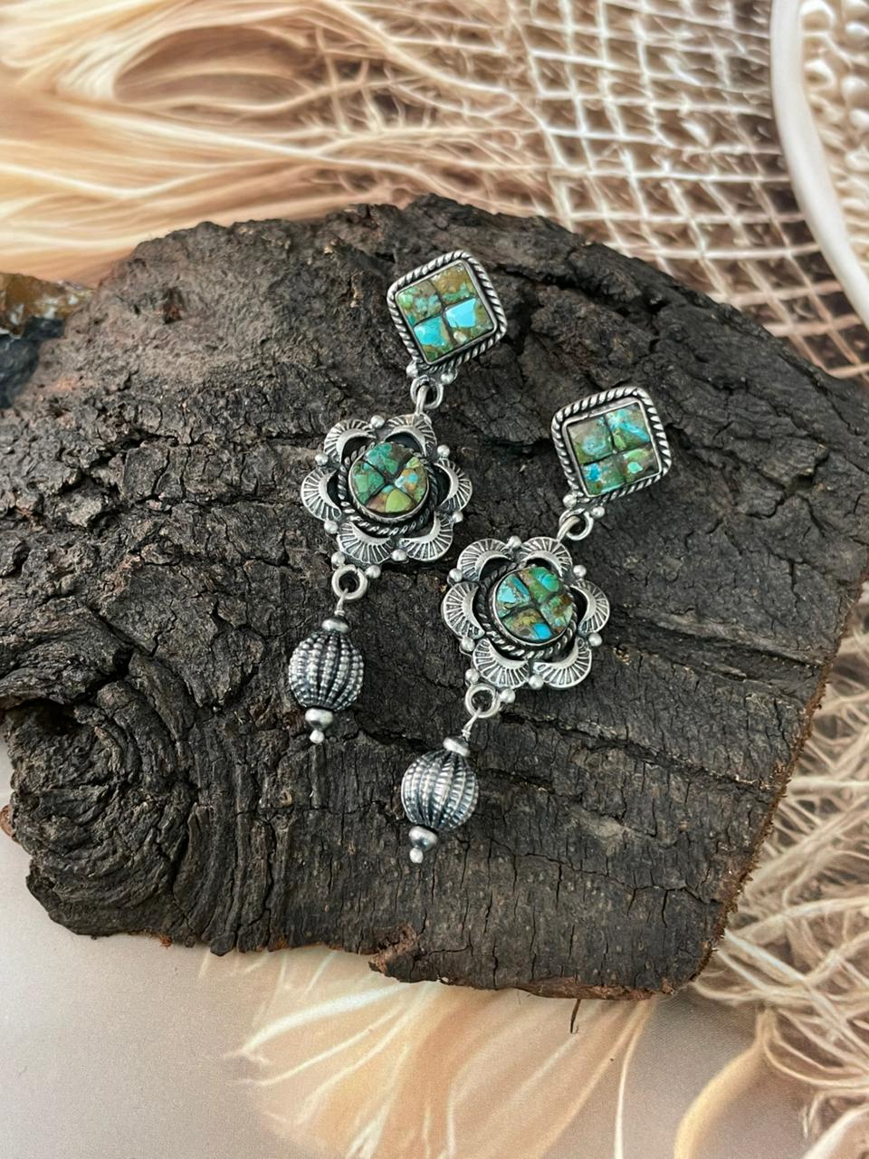 Handmade Sterling Silver Sonoran Cobble Collection: Sonoran Mountain Turquoise Post Dangle Earrings "Signed Nizhoni"