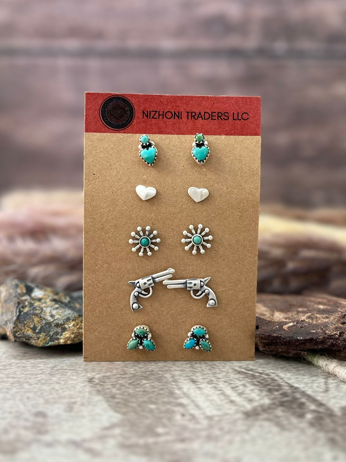 Handmade Sterling Silver Kingman Turquoise Post Studs Earrings Card