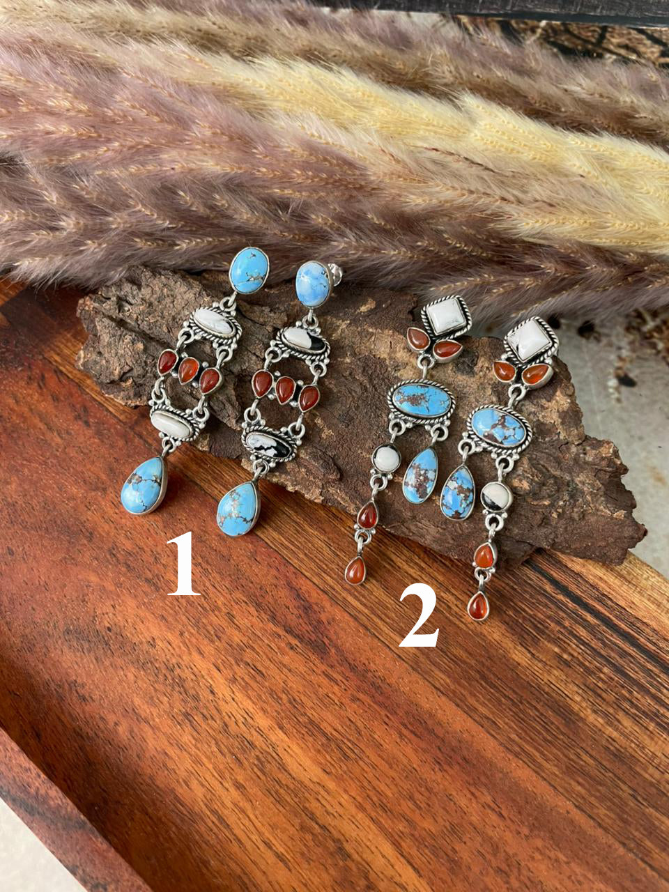 Handmade Sterling Silver Canyon Sunset Collection: Golden Hills Turquoise with White Buffalo and Carnelian Post Dangle Earrings "Signed Nizhoni"