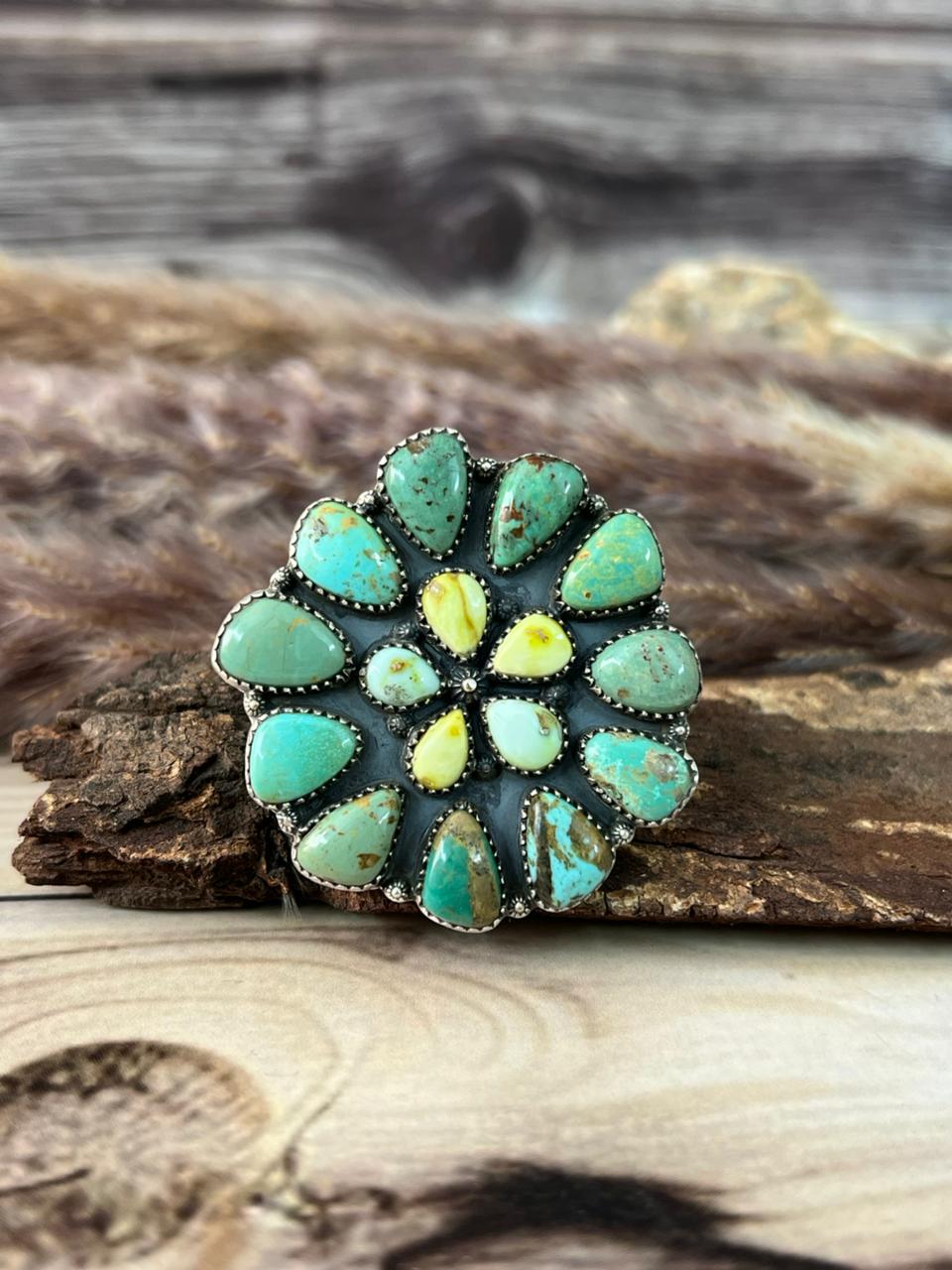 Handmade Sterling Silver Cripple Creek with Palomino Turquoise Adjustable Ring Signed Nizhoni