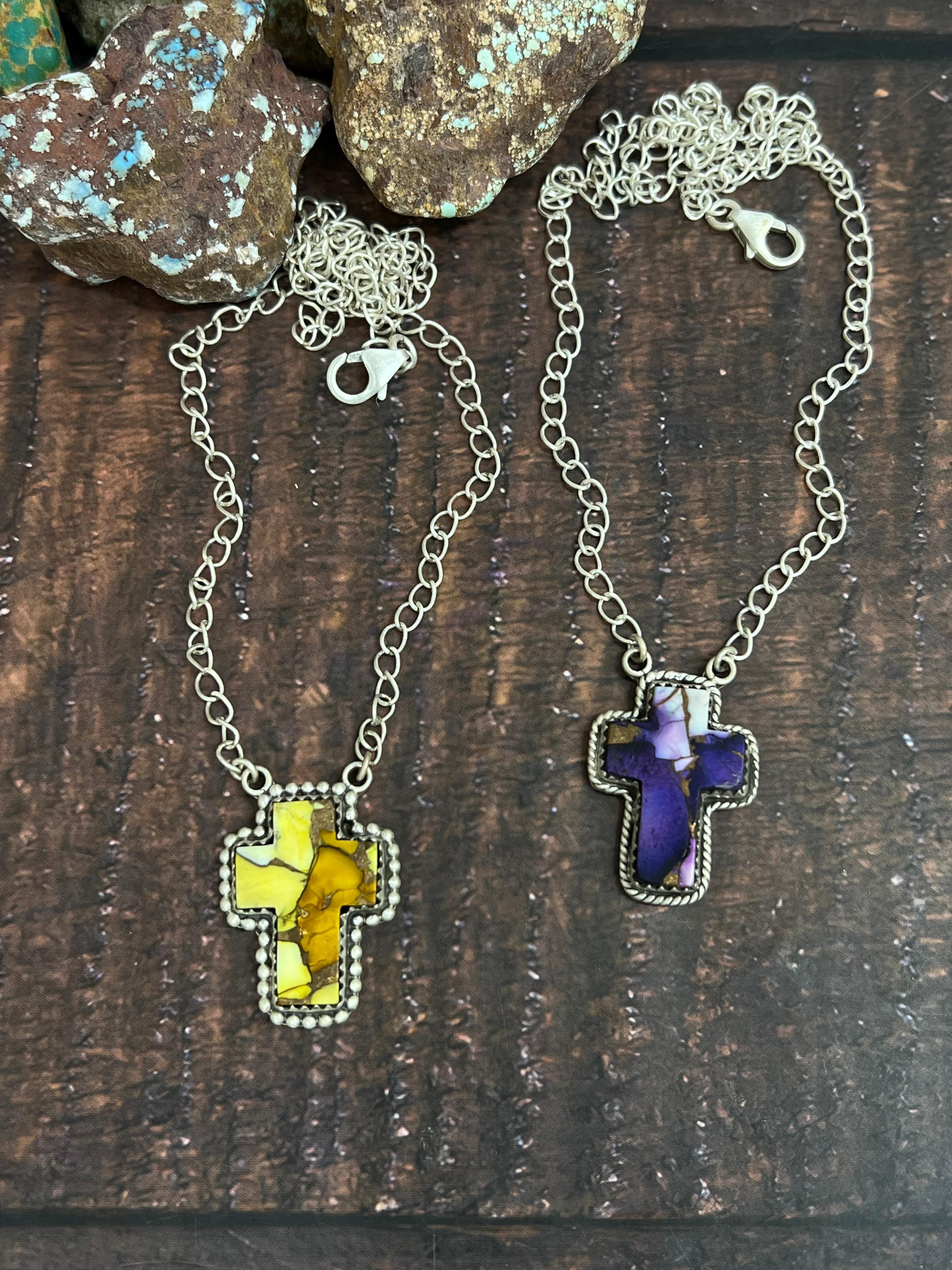 Handmade Sterling Silver Multi Gemstone Cross Necklace with Signed Nizhoni
