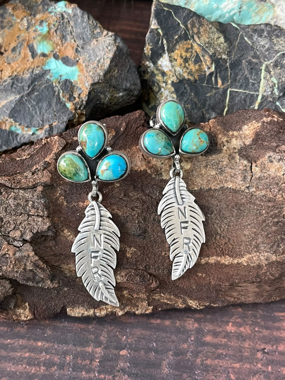 Handmade Sterling Silver Kingman Turquoise NFR Collection: Post Dangle Earrings Signed Nizhoni