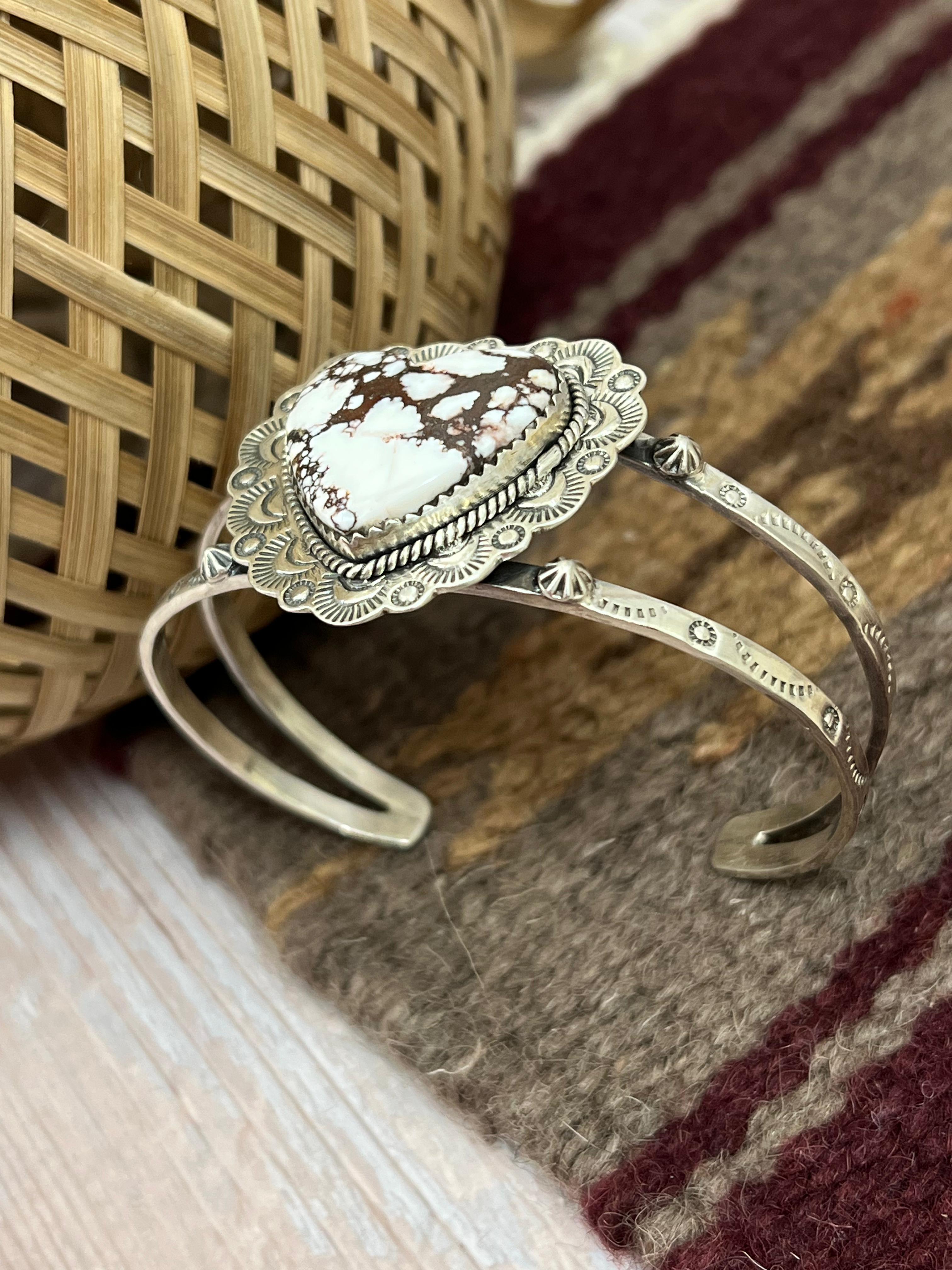 Handmade Sterling Silver Wild Horse Cuff Heart Bracelet with Signed Nizhoni