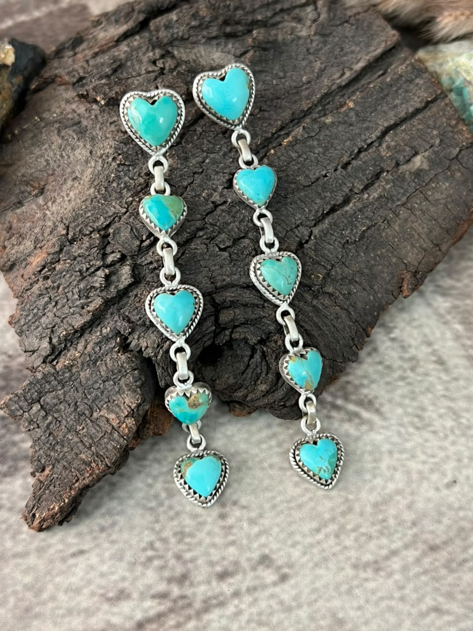 Handmade Sterling Silver Kingman Turquoise Post Dangle Heart Earrings Signed Nizhoni