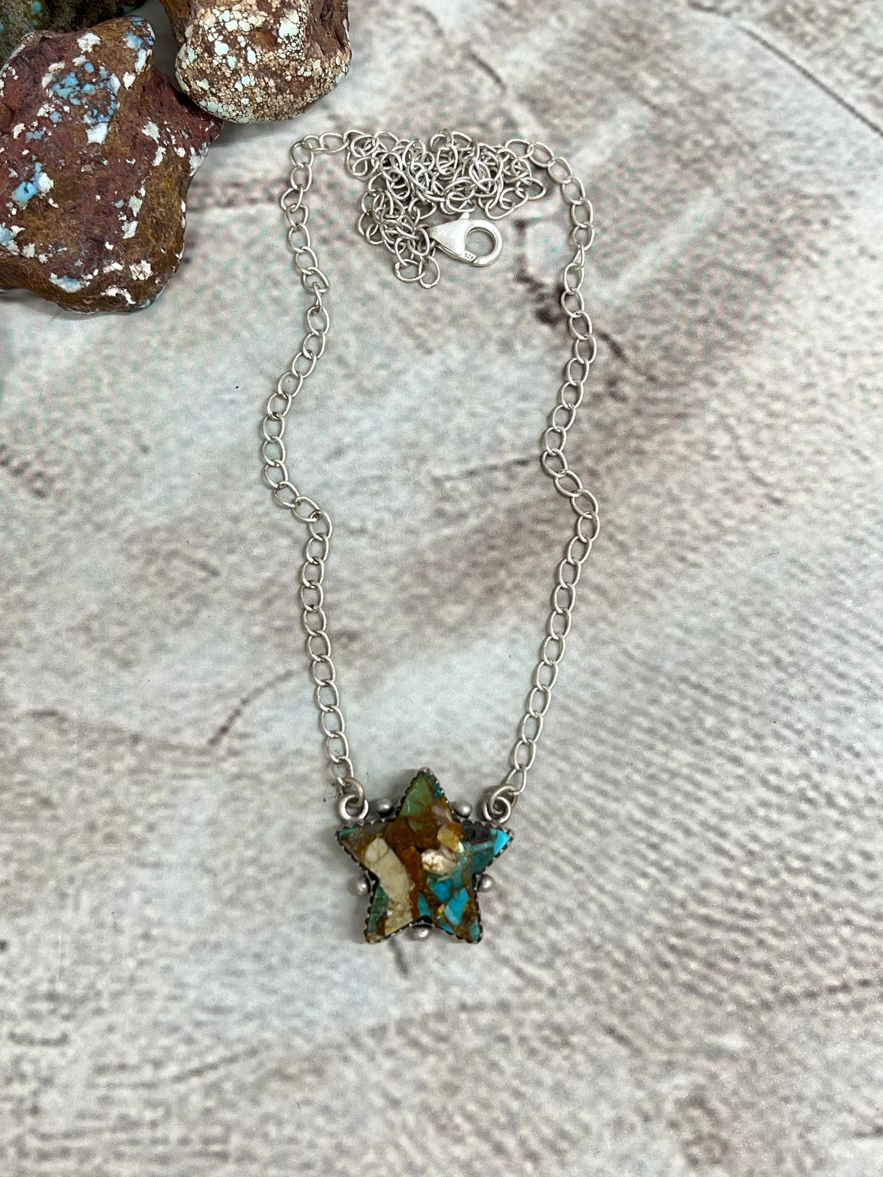 Handmade Sterling Silver Royston Turquoise Star Necklace with Signed Nizhoni