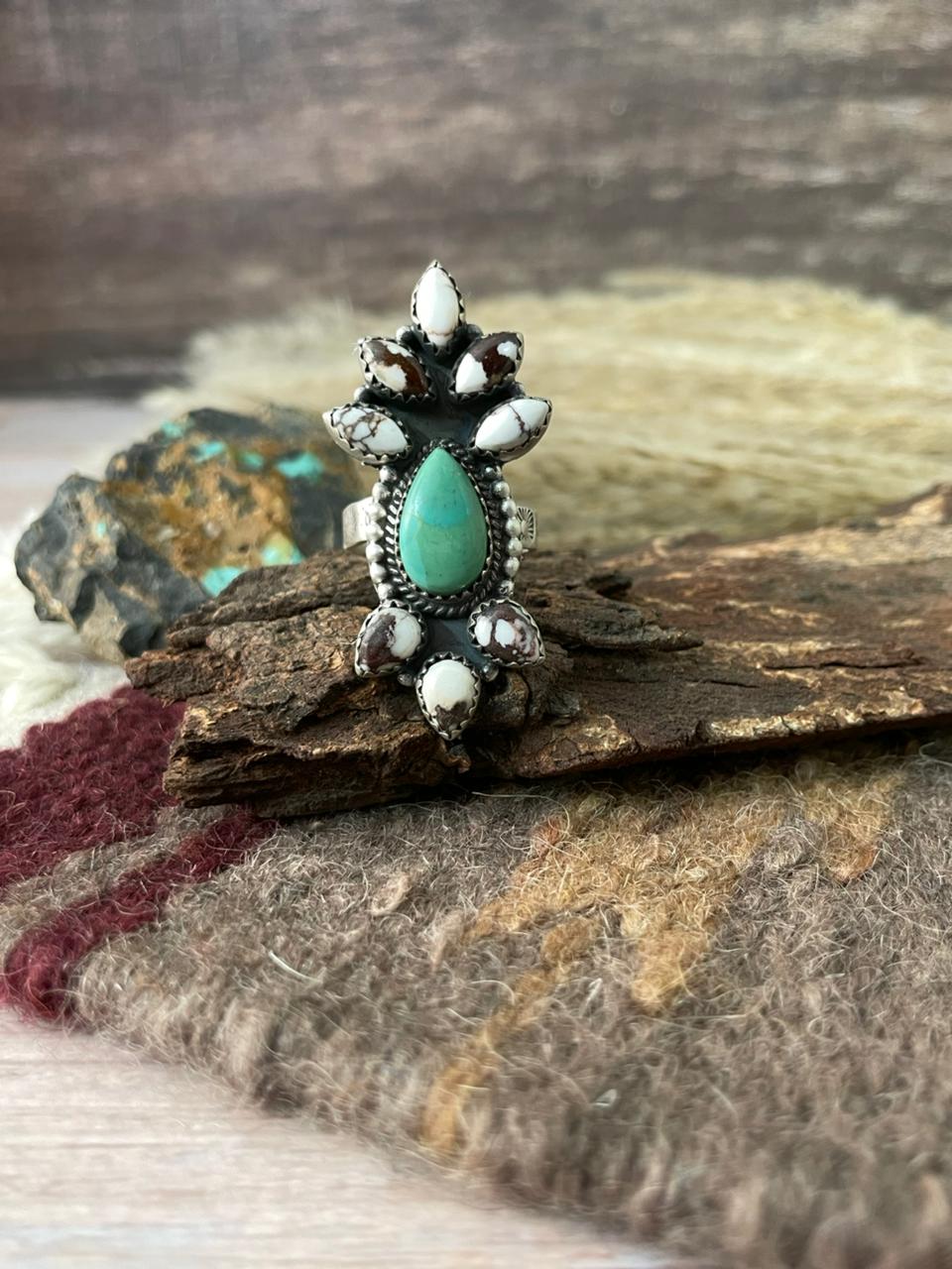 Handmade Sterling Silver Wild Horse Magnesite with Kingman Turquoise Adjustable Ring "Signed Nizhoni"