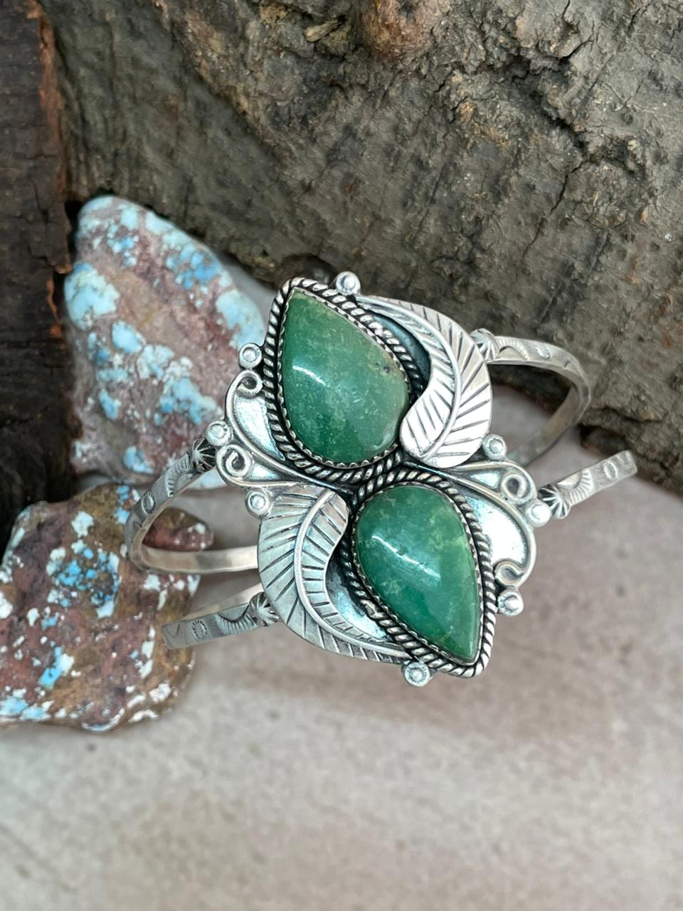 Handmade Sterling Silver Mantis Turquoise Cuff Bracelet with Signed Nizhoni