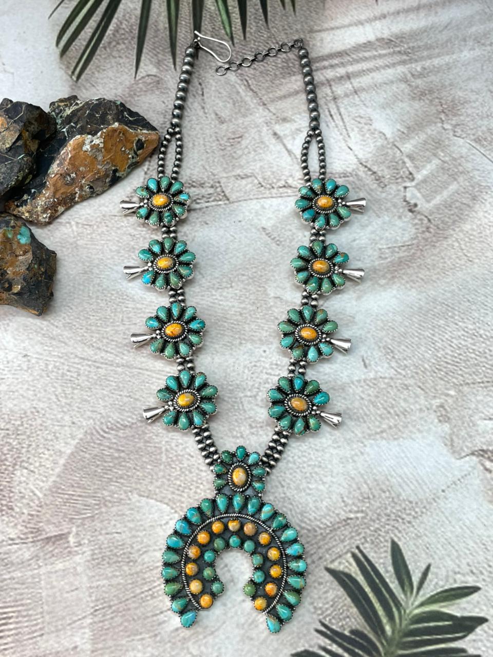 Handmade Sterling Silver Beaded Bumblebee with Kingman Squash Blossom Necklace "Signed Nizhoni"