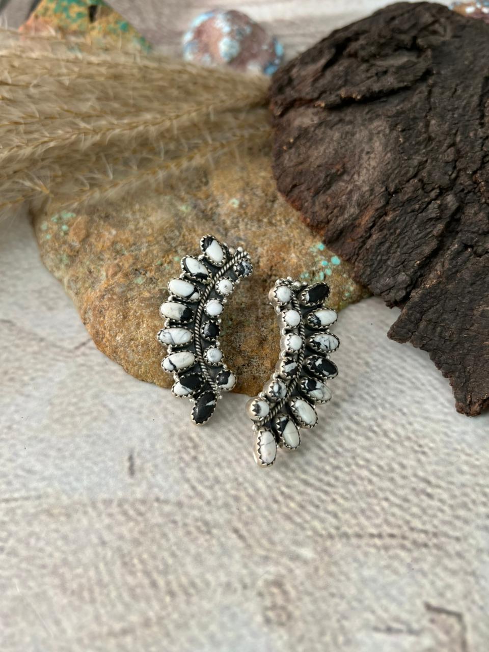 Handmade Sterling Silver White Buffalo Post Studs Earrings "Signed Nizhoni"
