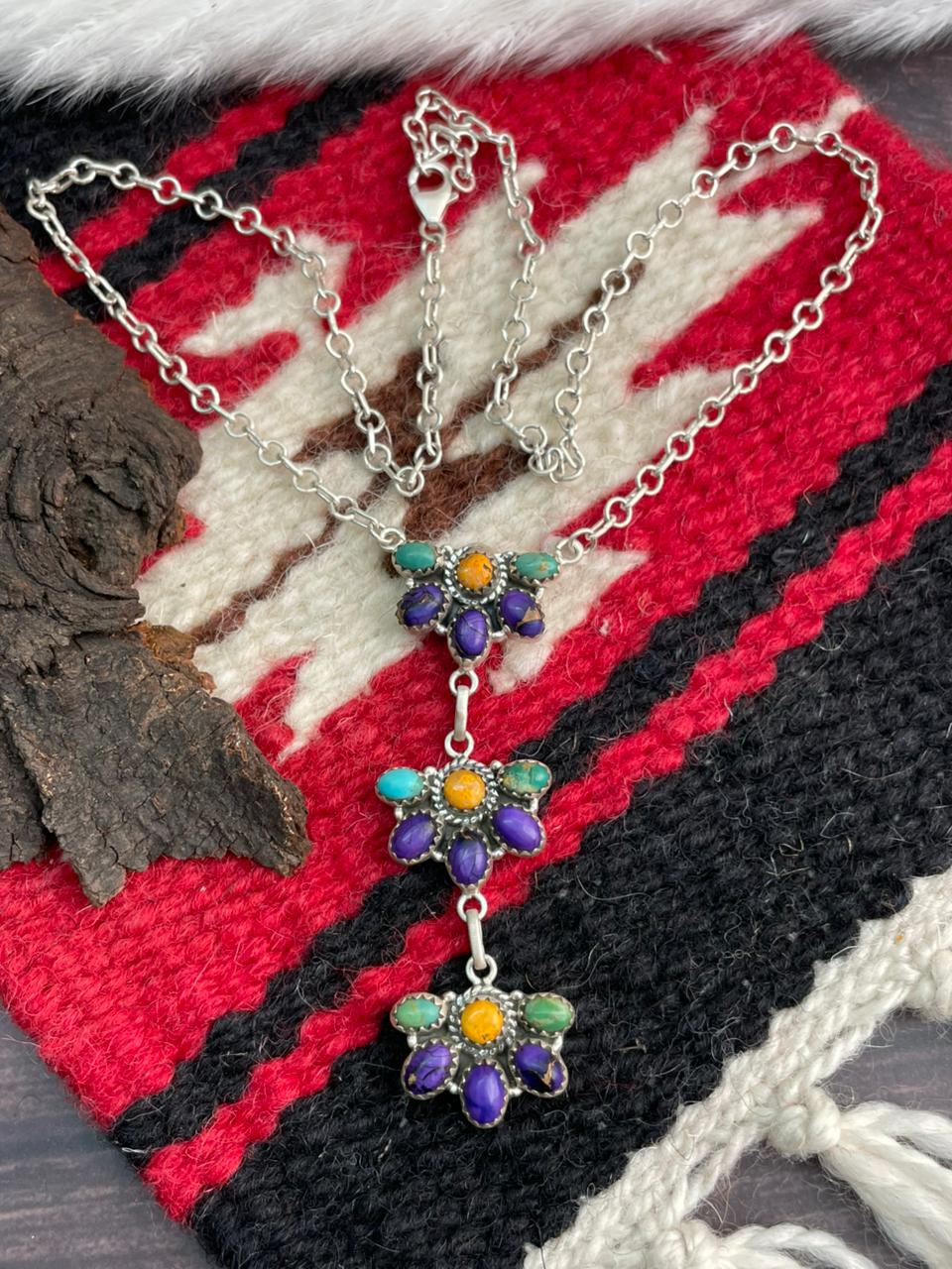 Handmade Sterling Silver Kingman with Orange Mojave and Grape Dahlia Necklace "Signed Nizhoni"