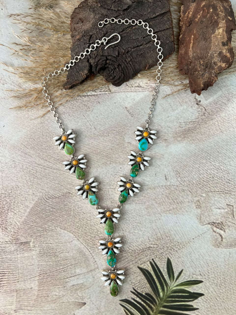 Handmade Sterling Silver Sonoran Mountain Turquoise with Bumblebee and White Buffalo Spring Collection: Necklace Signed Nizhoni