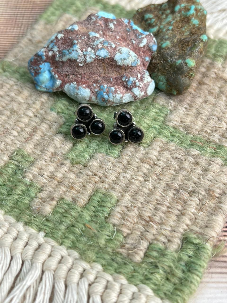 Handmade Sterling Silver Black Onyx Post Studs Earrings "Signed Nizhoni"