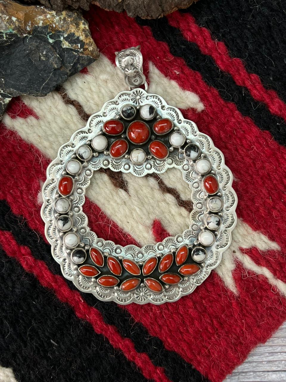 "Christmas Collection" Handmade Sterling Silver White Buffalo with Coral Pendant "Signed Nizhoni"