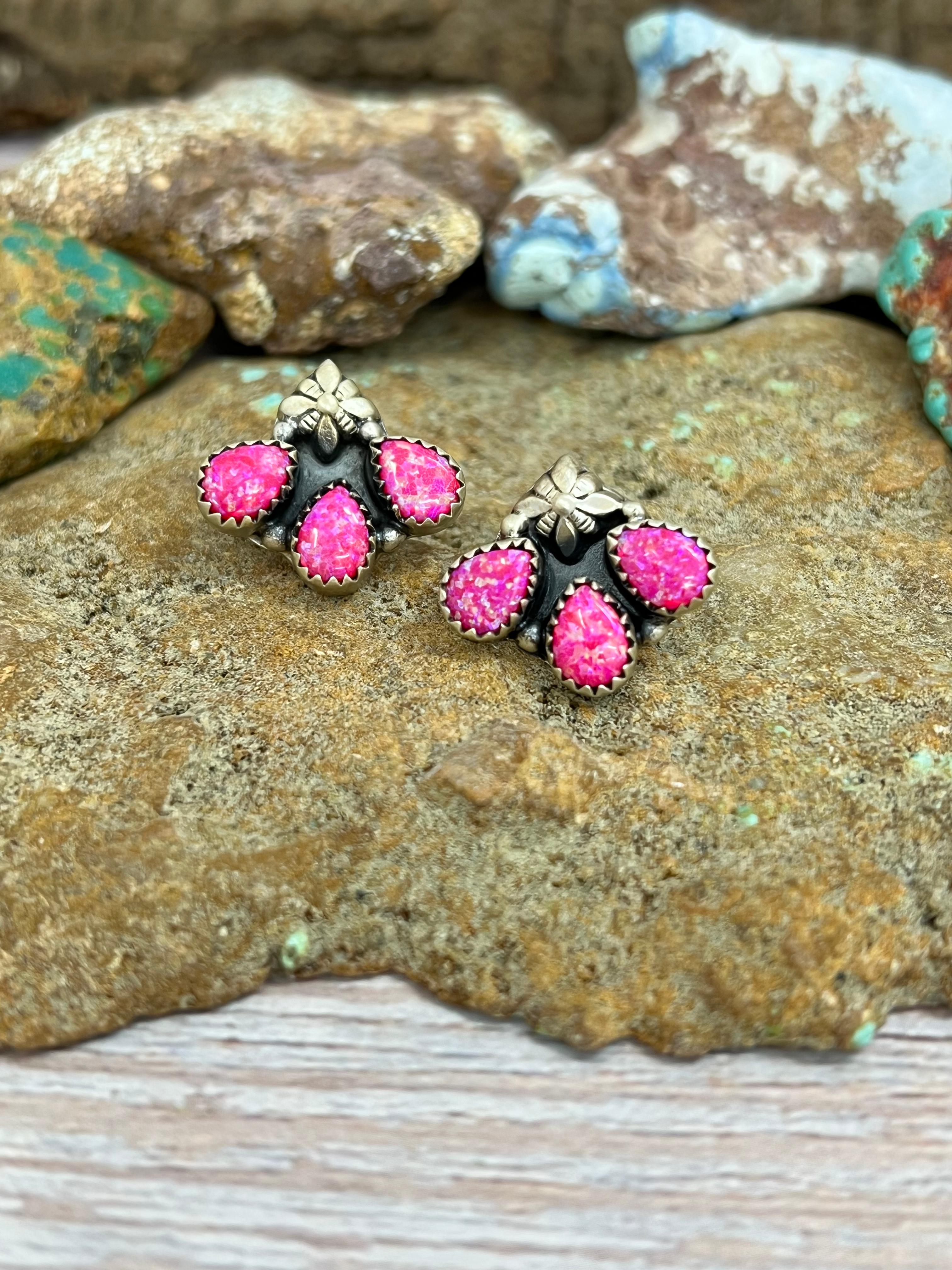 Handmade Sterling Silver Hot Pink Post Earrings with Signed Nizhoni