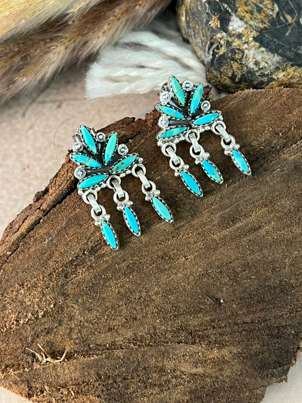 Handmade Sterling Silver Kingman Turquoise Post Dangle Earrings Signed Nizhoni