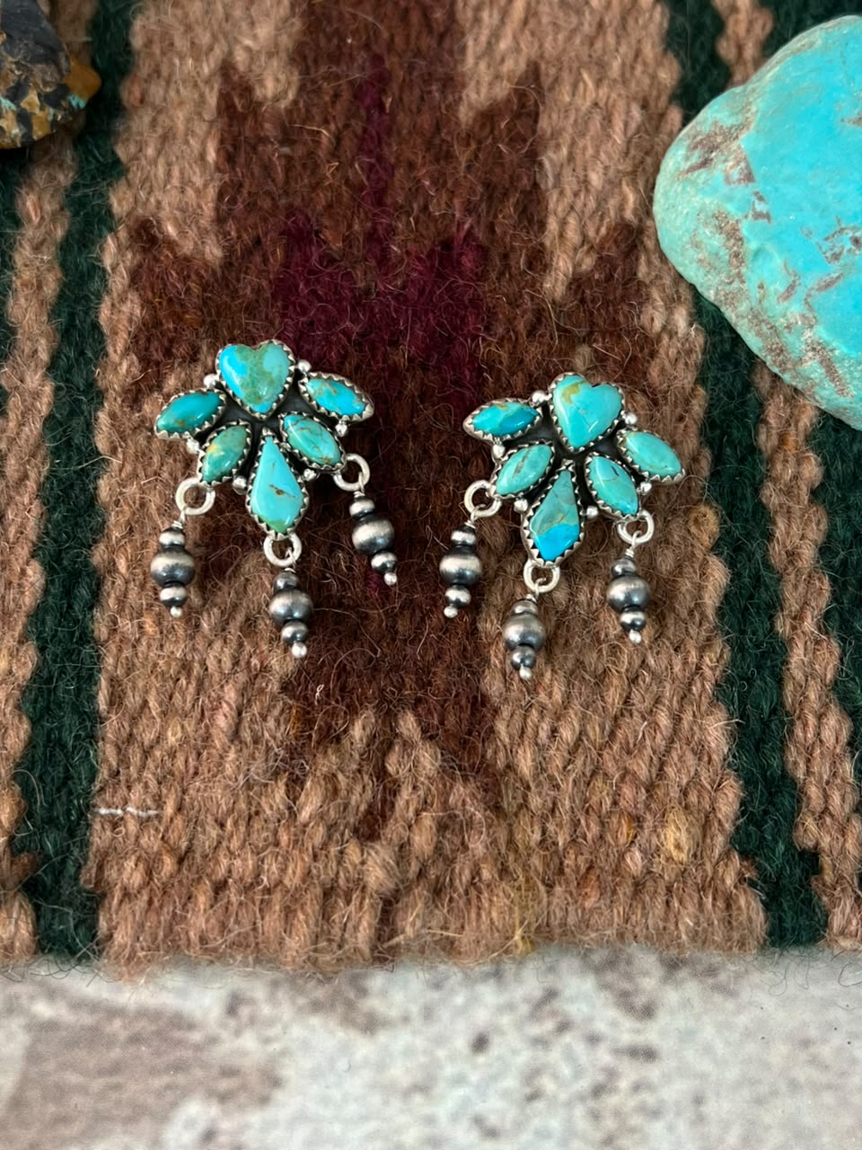 Handmade Sterling Silver Kingman Turquoise Post Dangle Beaded Earrings Signed Nizhoni