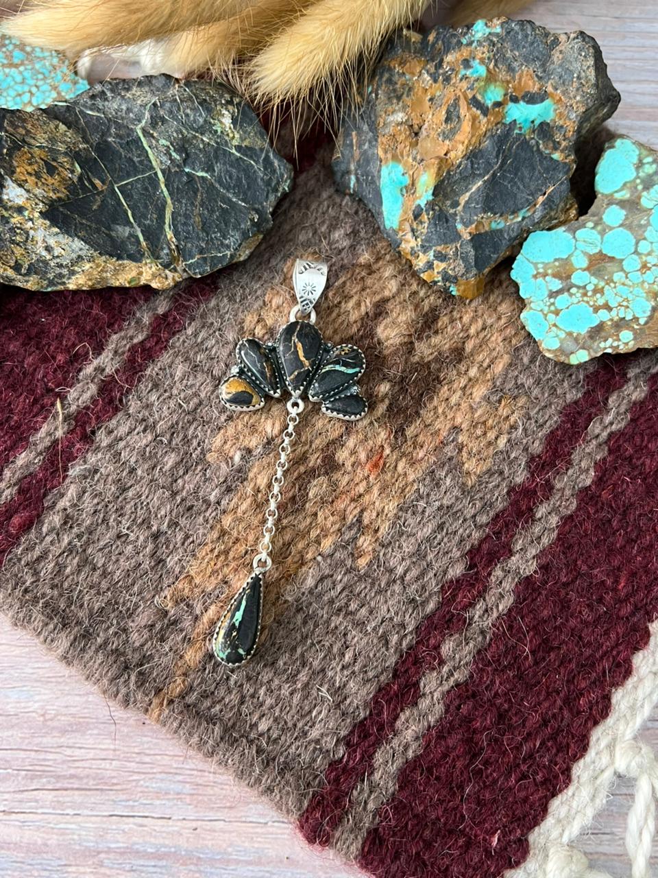 Handmade Sterling Silver Blackjack Turquoise Drop Pendant "Signed Nizhoni"