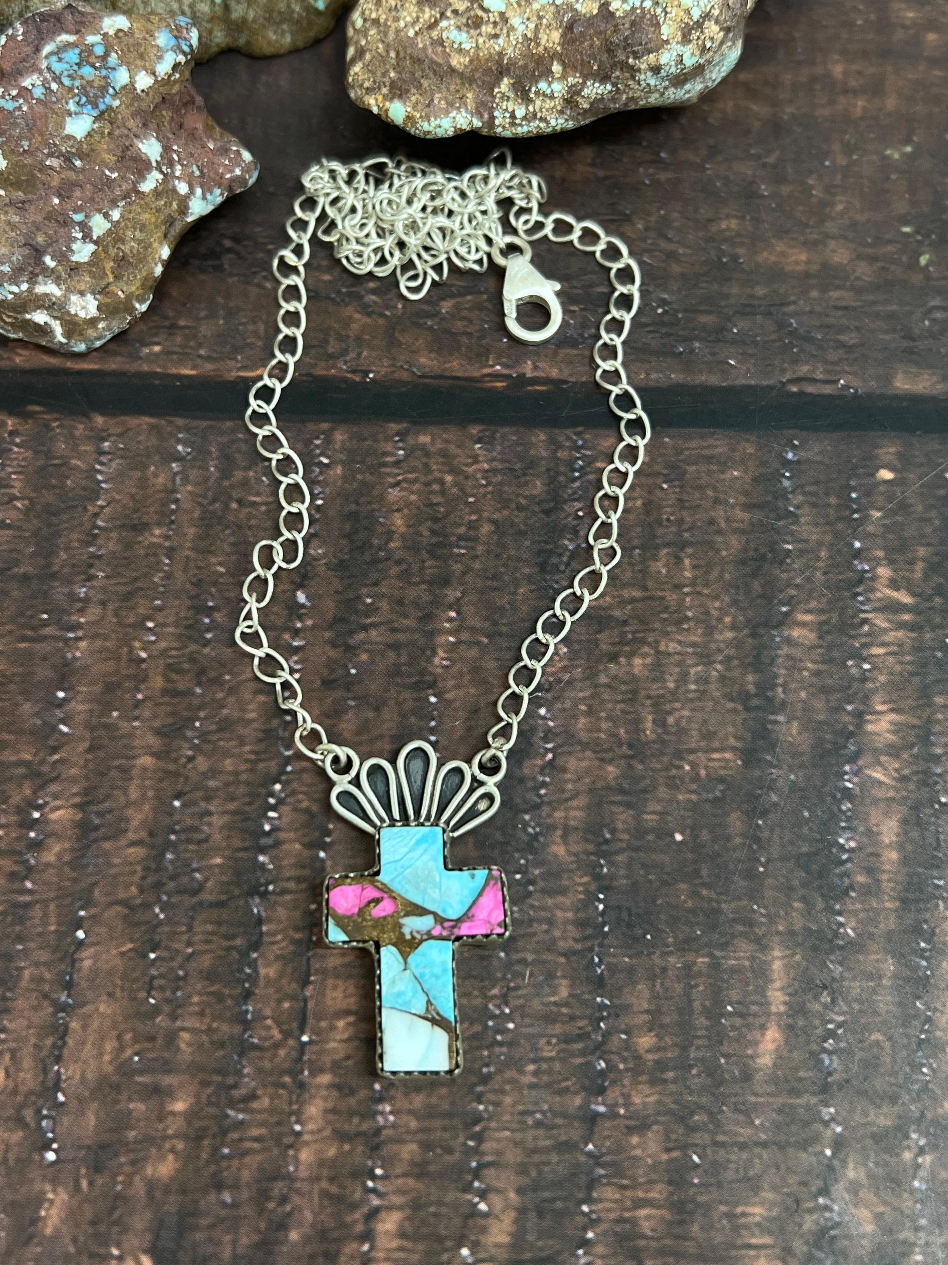 Handmade Sterling Silver Cotton Candy Cross Necklace Signed Nizhoni
