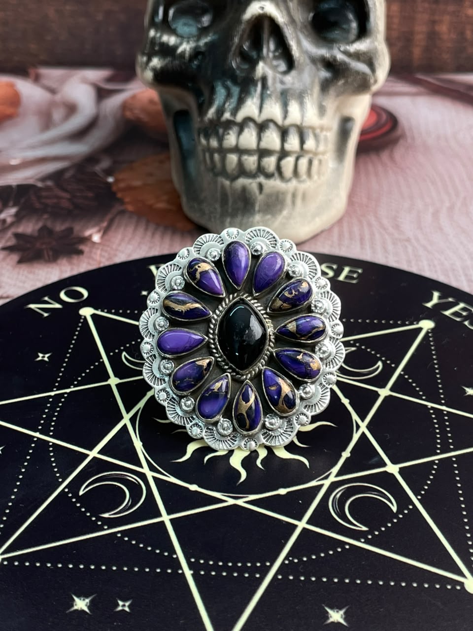 Handmade Sterling Silver Grape Dahlia with Black Onyx  Halloween Collection: Adjustable Ring Signed Nizhoni