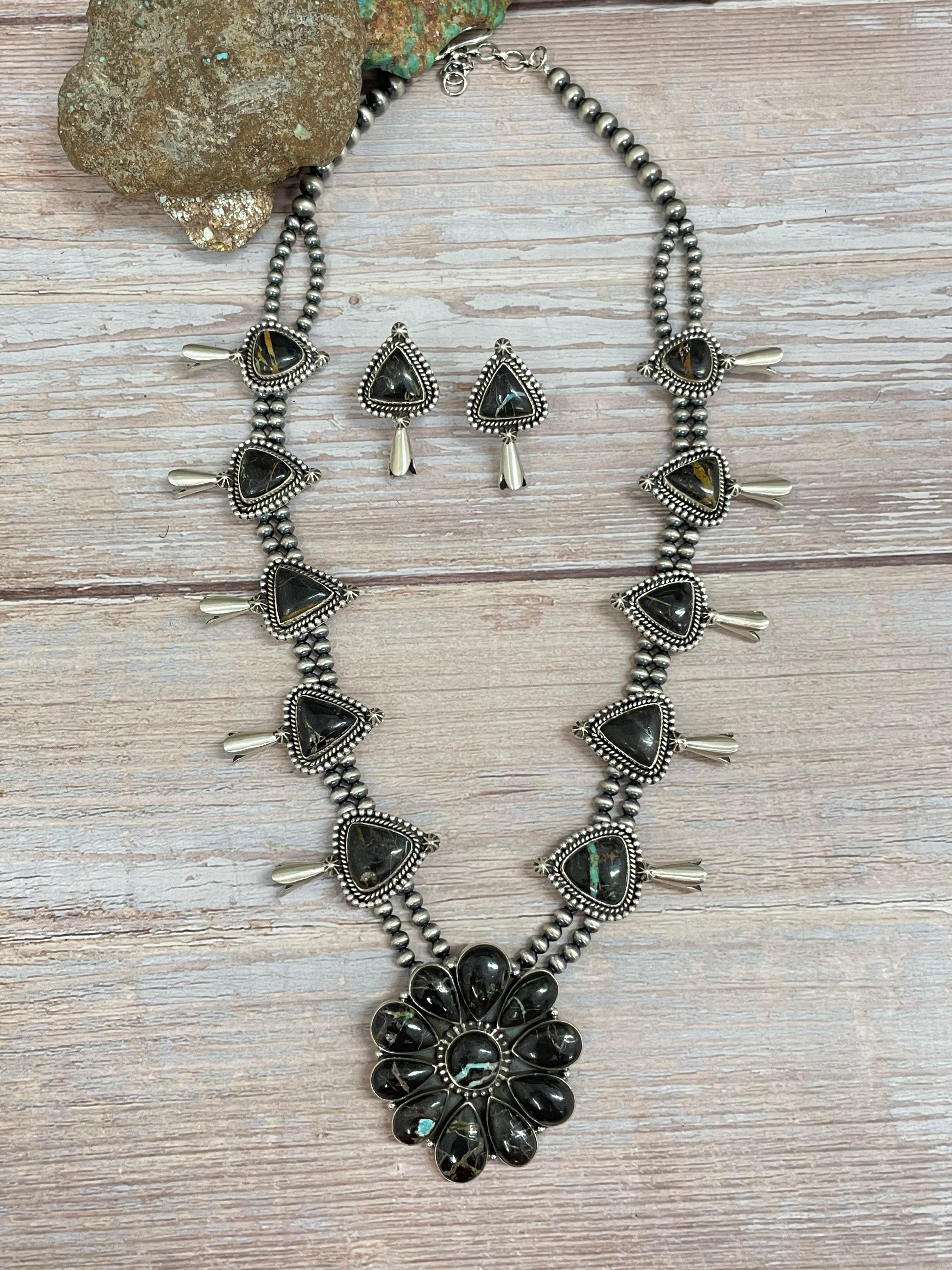 Handmade Sterling Silver Blackjack Turquoise Beaded Necklace Earrings Set with Signed Nizhoni