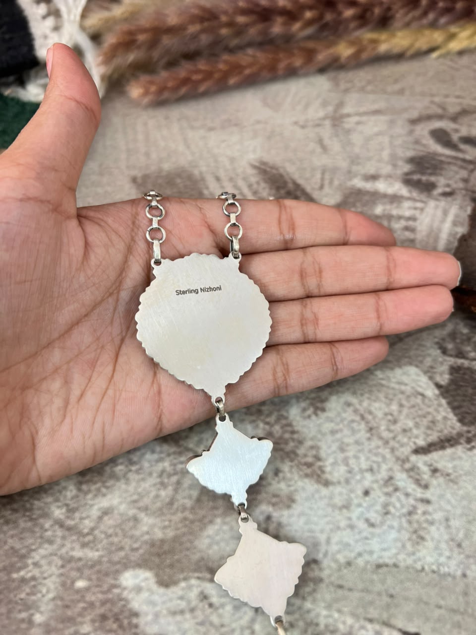 Handmade Sterling Silver Kingman Turquoise with White Buffalo Drop Necklace Signed Nizhoni