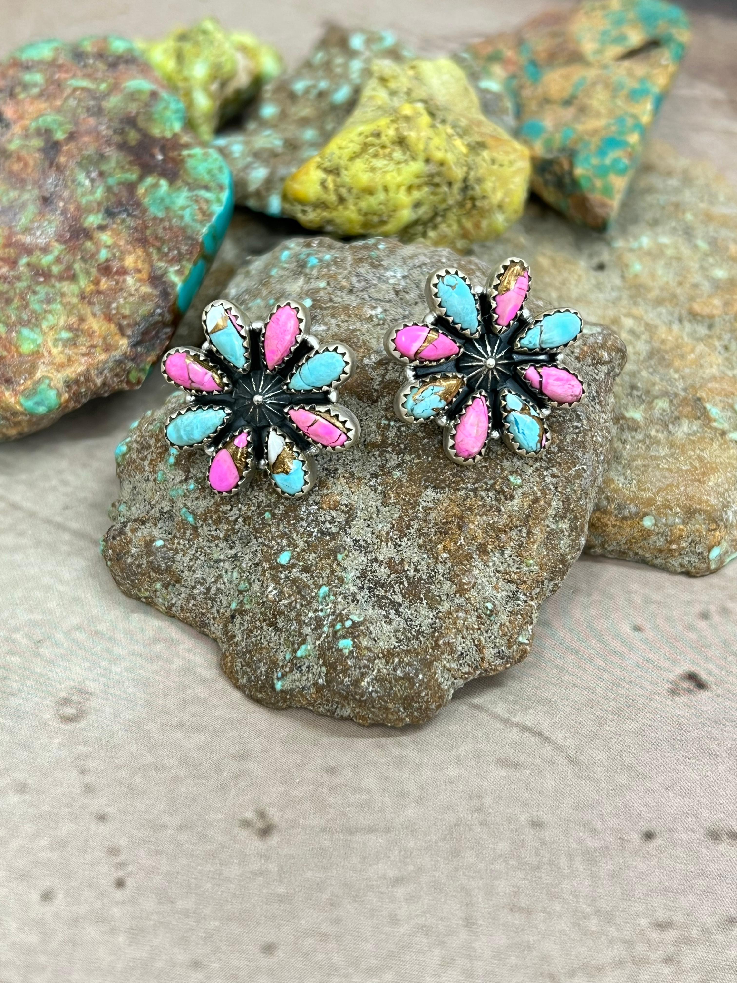 Handmade Sterling Silver Cotton Candy Turquoise Flower Post Earrings with Signed Nizhoni