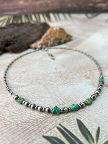 Handmade Sterling Silver Beaded Emerald Valley Turquoise Necklace "Signed Nizhoni"