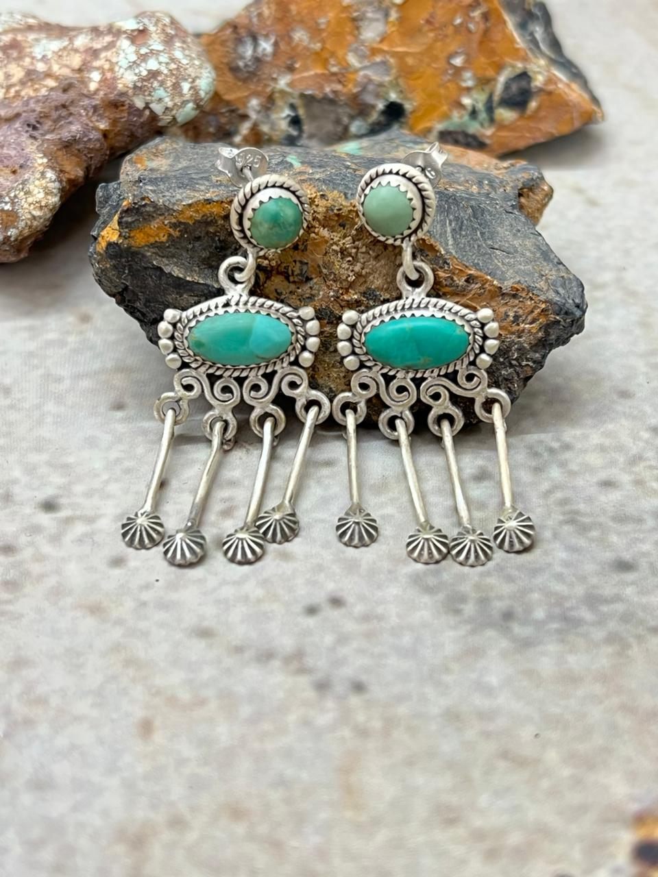 Handmade Sterling Silver Kingman Turquoise Post Dangle Earrings "Signed Nizhoni"