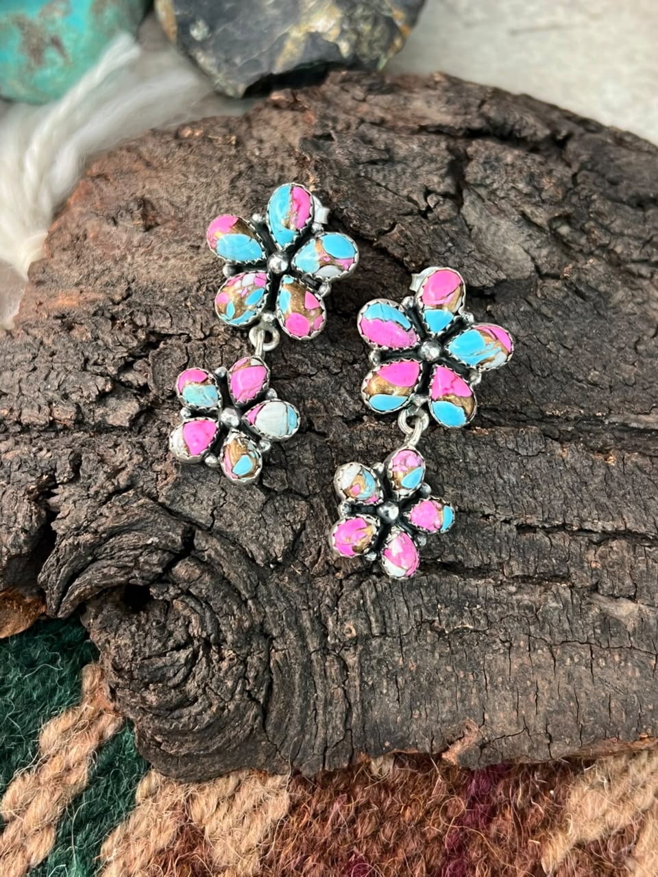 Handmade Sterling Silver Cotton Candy Post Dangle Earrings Signed Nizhoni