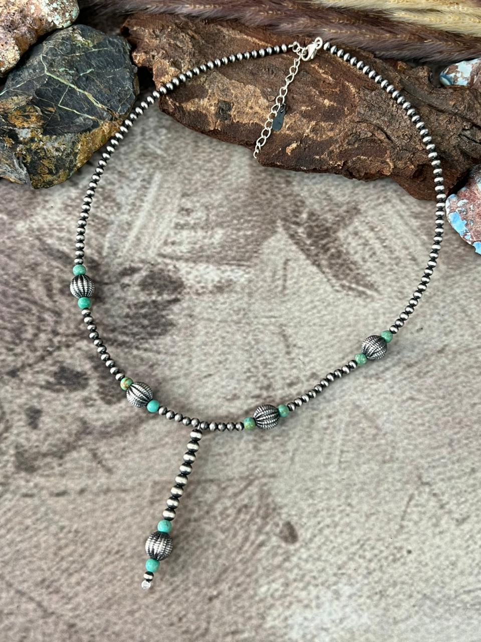 Handmade Sterling Silver Kingman Turquoise Beaded Necklace "Signed Nizhoni"