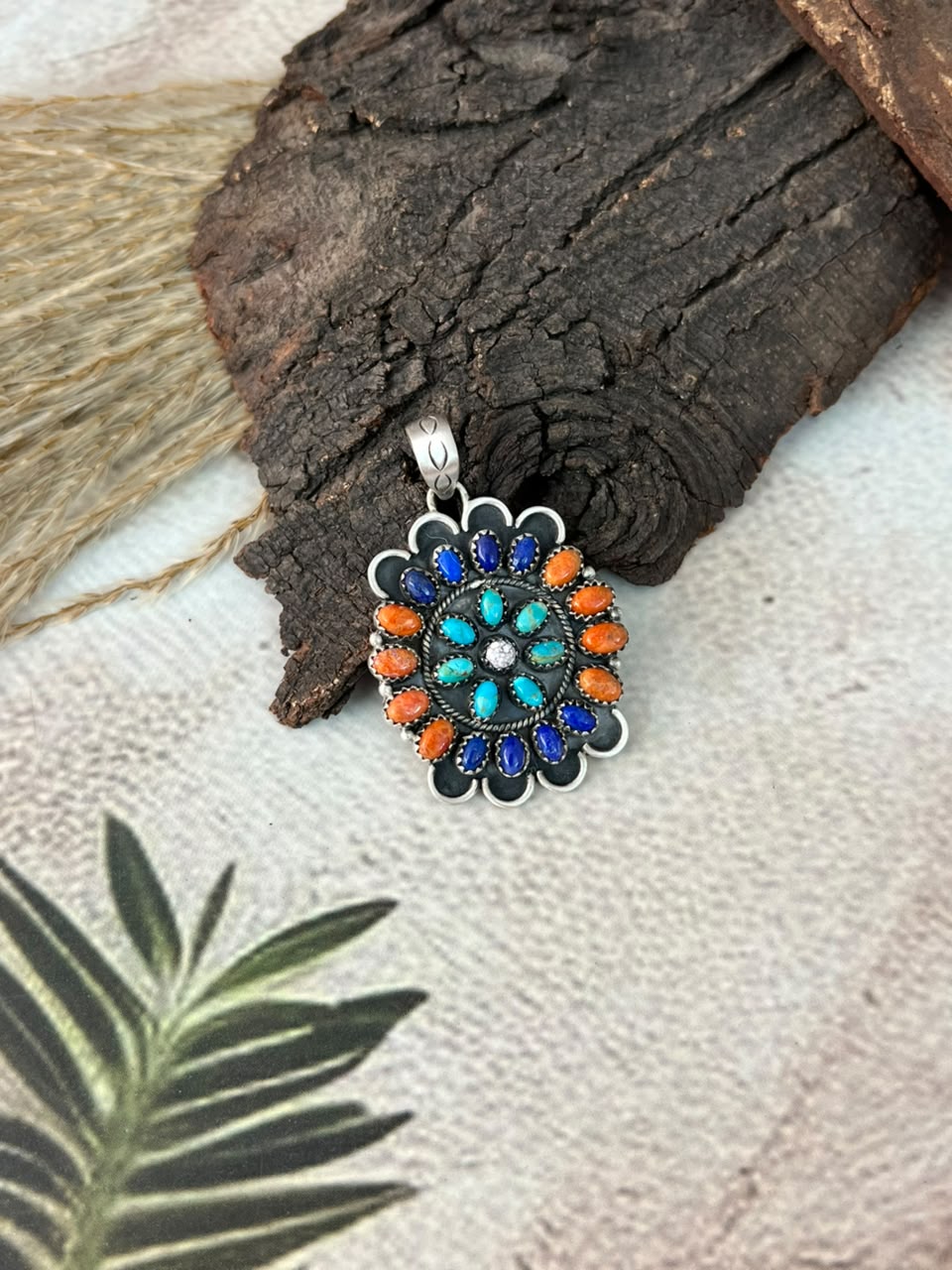 Handmade Sterling Silver Orange Mojave with Kingman Turquoise, Lapis and Wildhorse Magnesite Pendant Signed Nizhoni