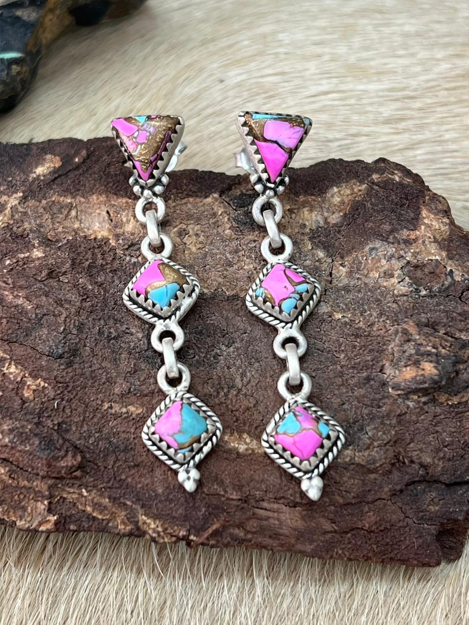 Handmade Sterling Silver Cotton Candy Post Dangle Earrings "Signed Nizhoni"