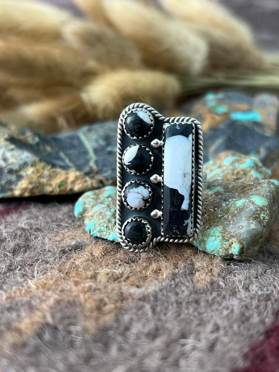 Handmade Sterling Silver White Buffalo Adjusatble Ring "Signed Nizhoni"