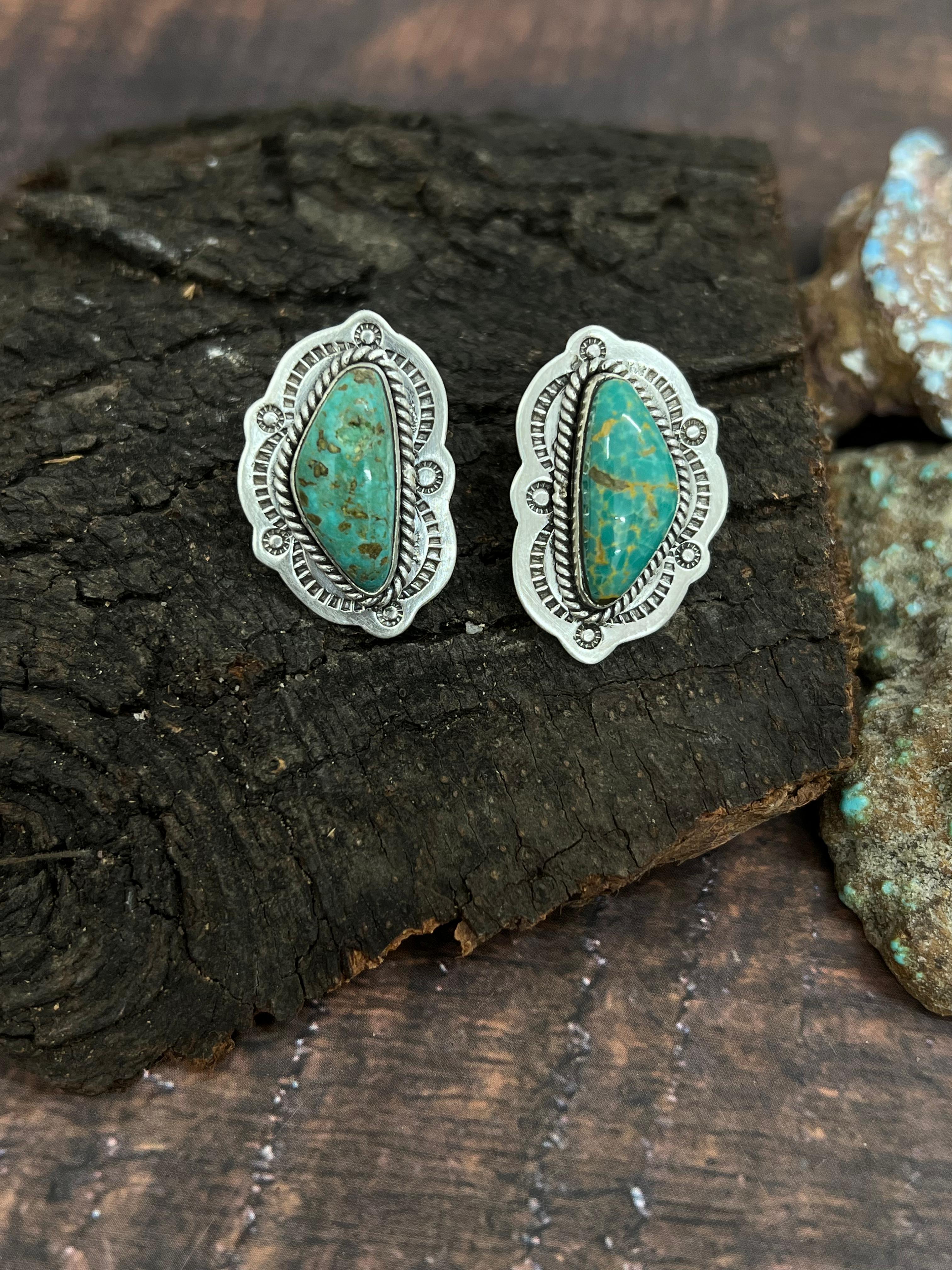 Handmade Sterling Silver Mantis Turquoise Post Studs, Signed Nizhoni