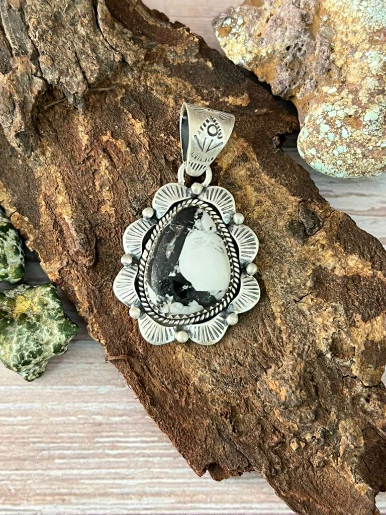 Handmade Sterling Silver White Buffalo Turquoise Pendant with Signed Nizhoni