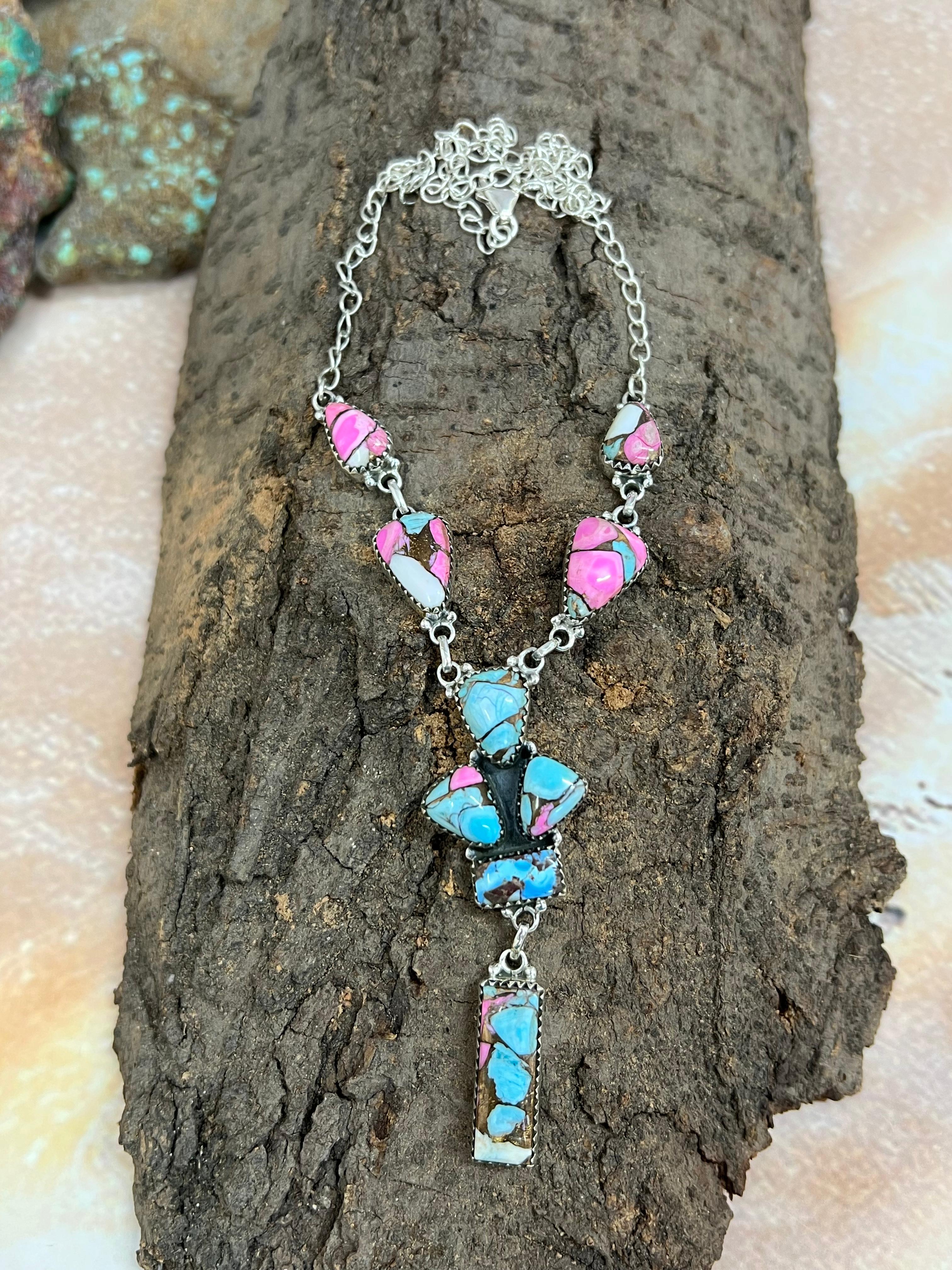 Handmade Sterling Silver Cotton Candy Turquoise Necklace with Signed Nizhoni