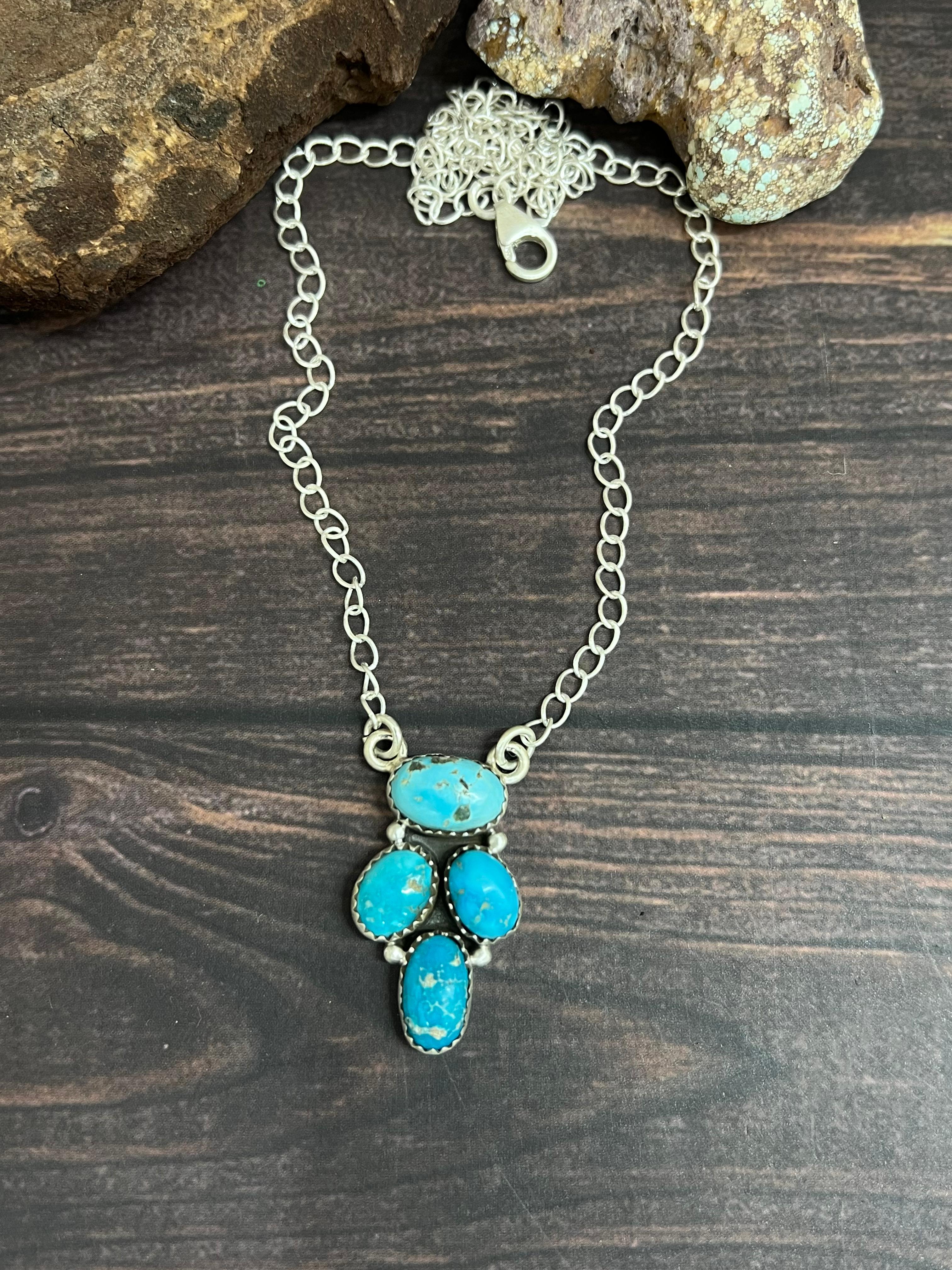 Handmade Sterling Silver Blue Bird Turquoise Necklace with Signed Nizhoni