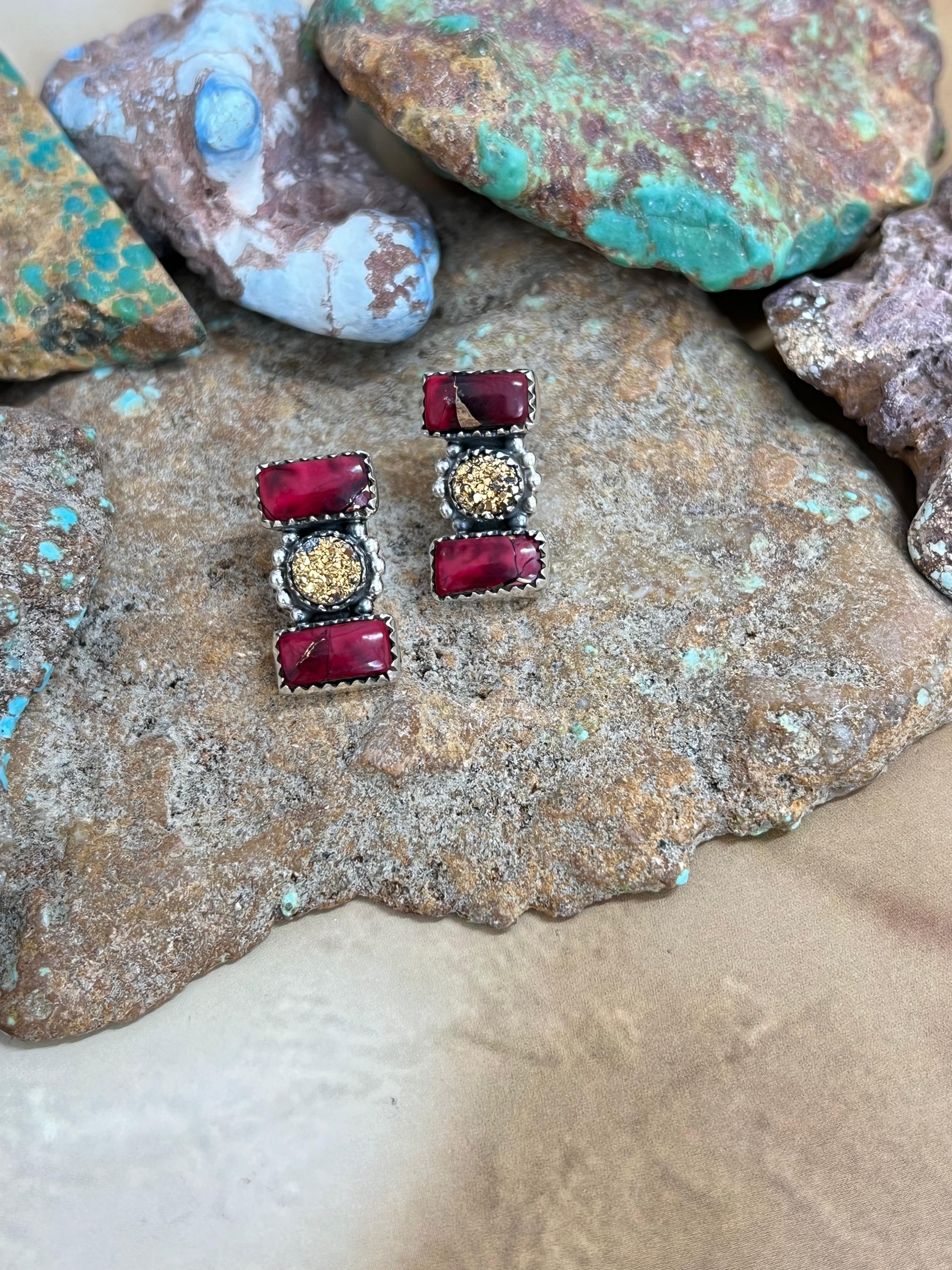 Handmade Sterling Silver Dahlia Rose with Druzy Studs, Signed Nizhoni