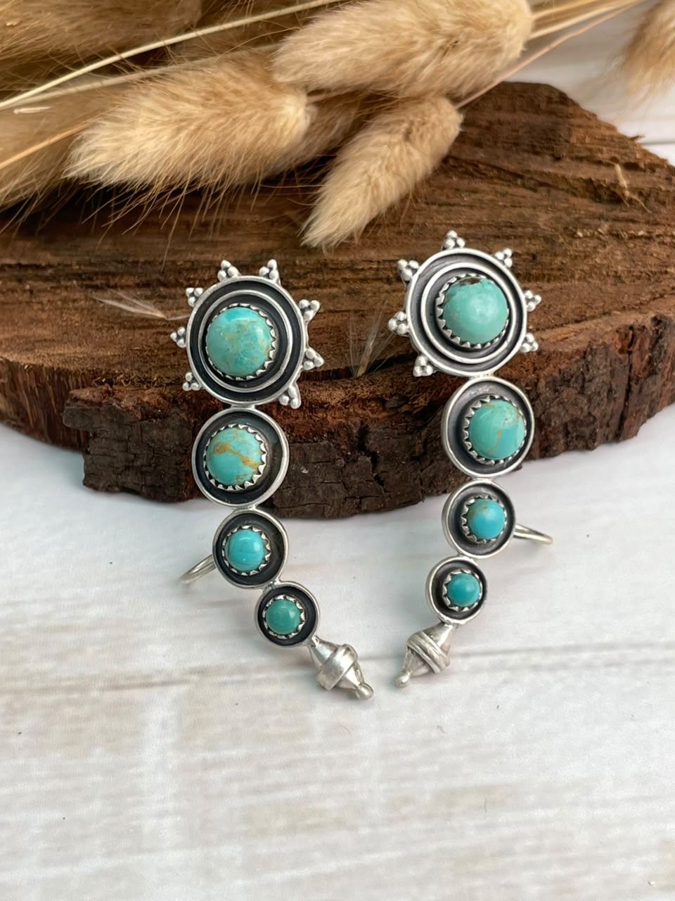 Handmade Sterling Silver Kingman Turquoise Ear Cuffs Signed Nizhoni