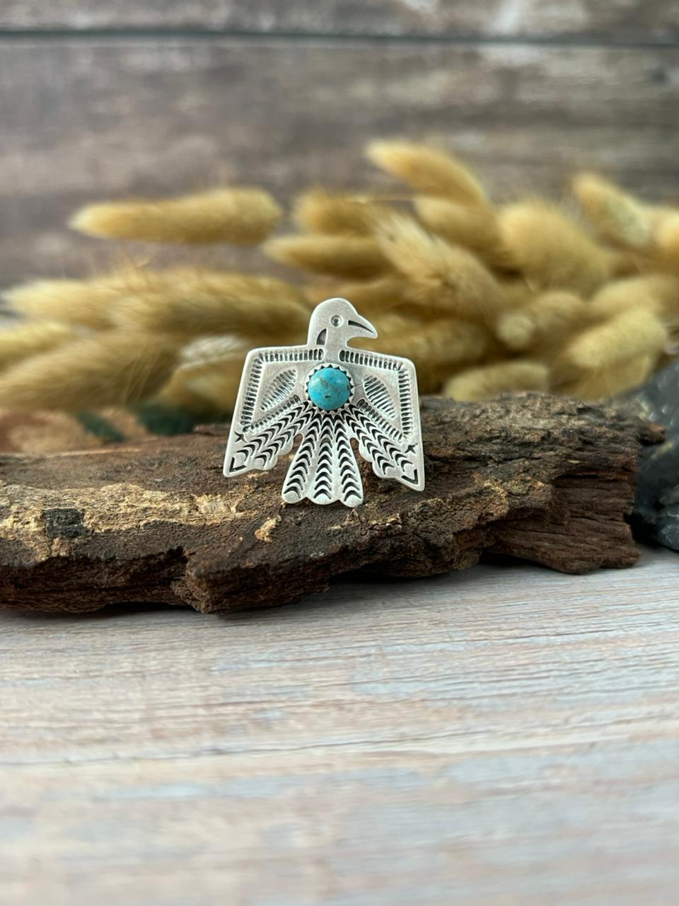 Handmade Sterling Silver Kingman Turquoise Thunder Bird Adjustable Ring "Signed Nizhoni"