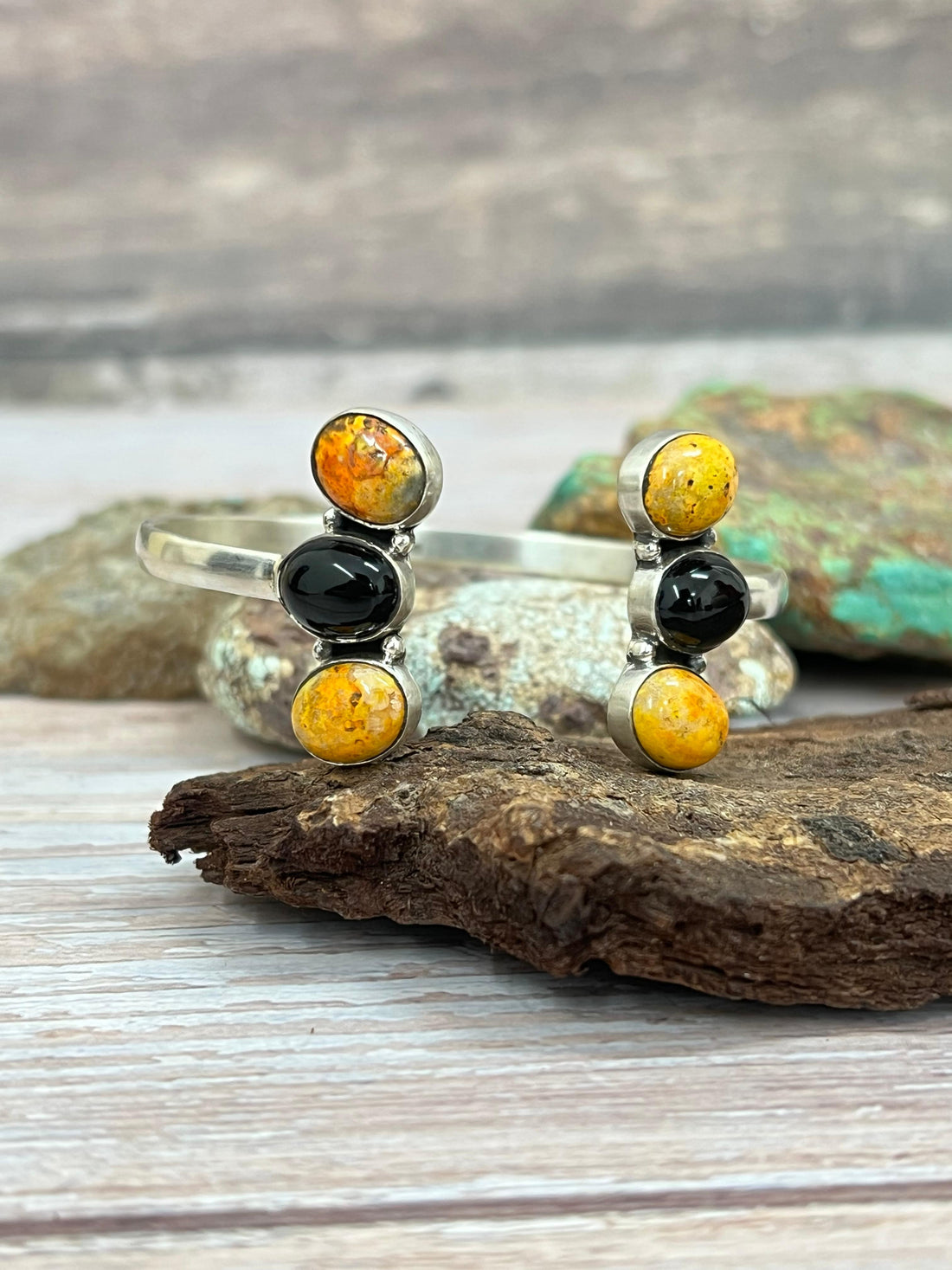 "Halloween Collection" Handmade Sterling Silver Black Onyx, Bumblebee Cuff Bracelet with Signed Nizhoni
