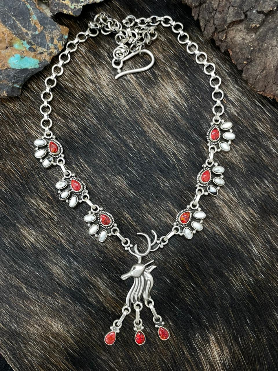 Handmade Sterling Silver White Buffalo with Red Opal Necklace "Signed Nizhoni"