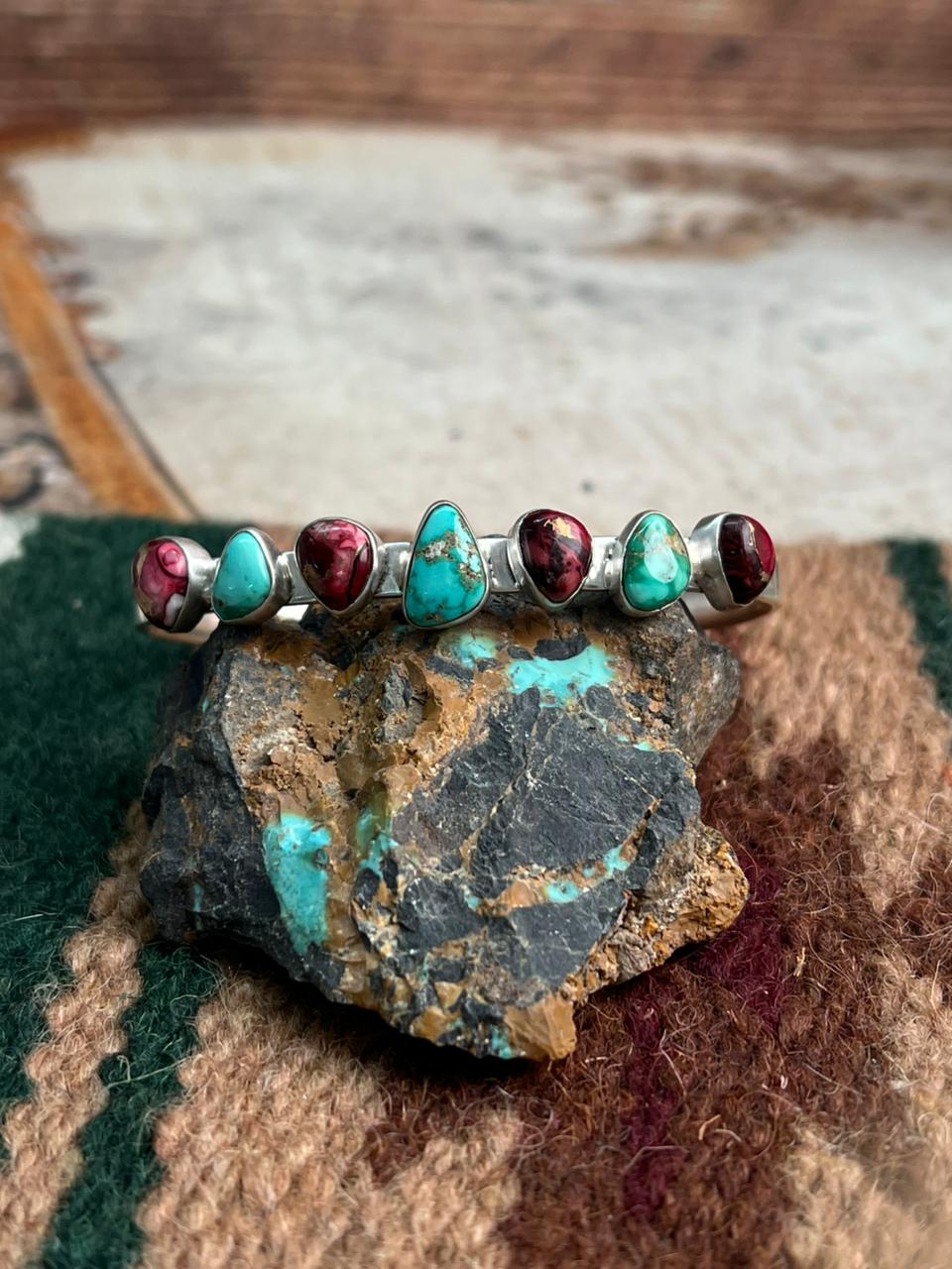 Handmade Sterling Silver Dahlia Rose with Emerald Valley Turquoise Cuff Bracelet "Signed Nizhoni"