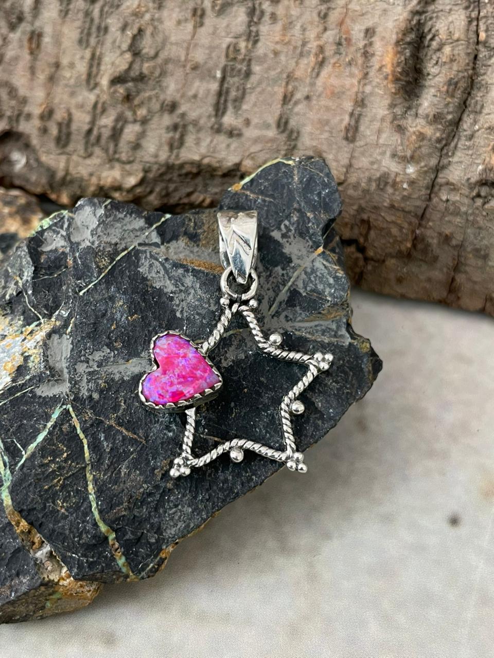 "Heart Collection" Handmade Sterling Silver Hot Pink Pendant "Signed Nizhoni"